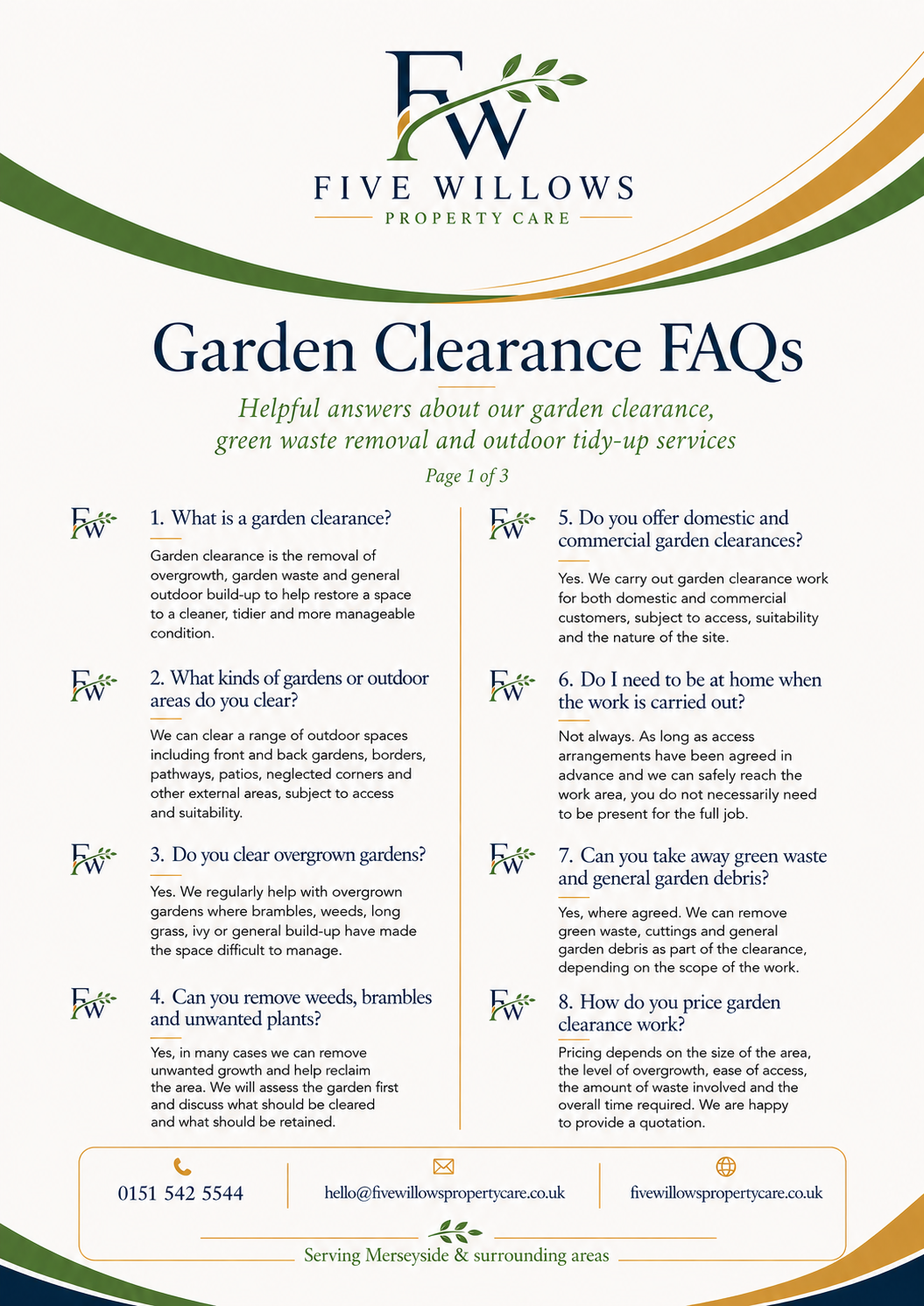 A flyer titled "Garden Clearance FAQs" from Five Willows Property Care, providing helpful answers about garden clearance, green waste removal, and outdoor tidy-up services, with contact details at the bottom.