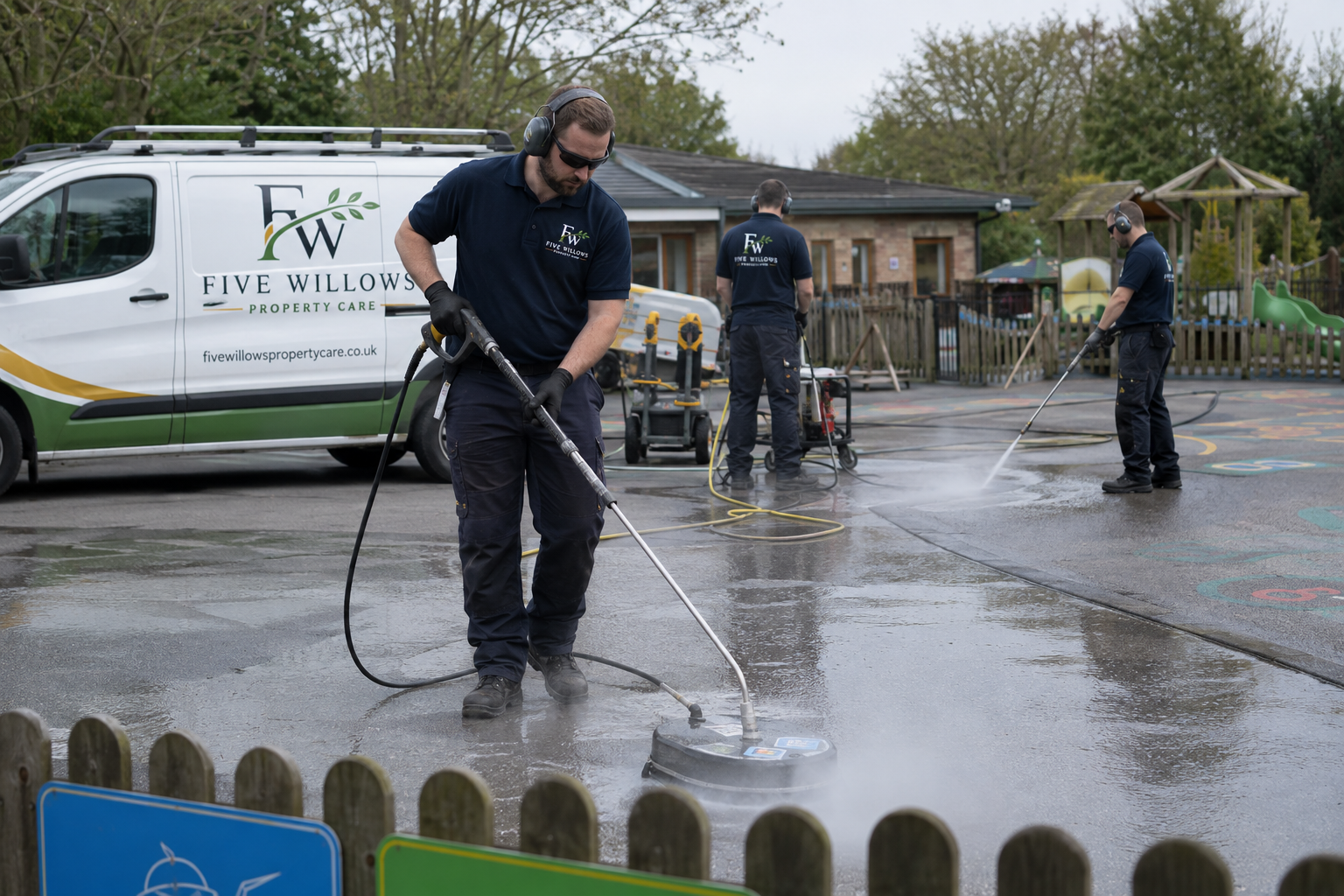 Workers cleaning a playground surface with pressure washers, wearing gloves and protective gear, with a Five Willows Property Care van parked nearby.