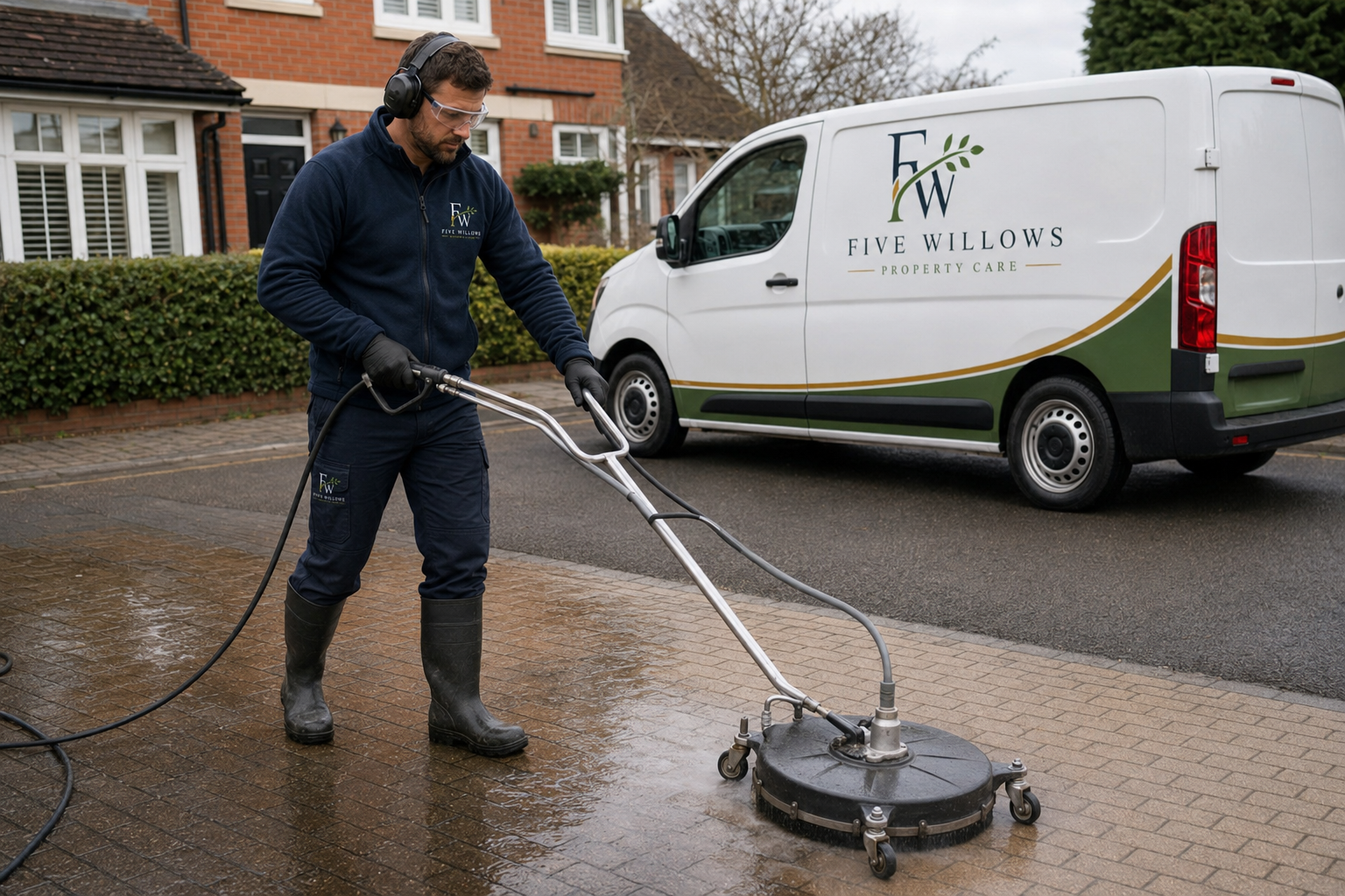 A worker using a power washer to clean a paved driveway outside a residential house.