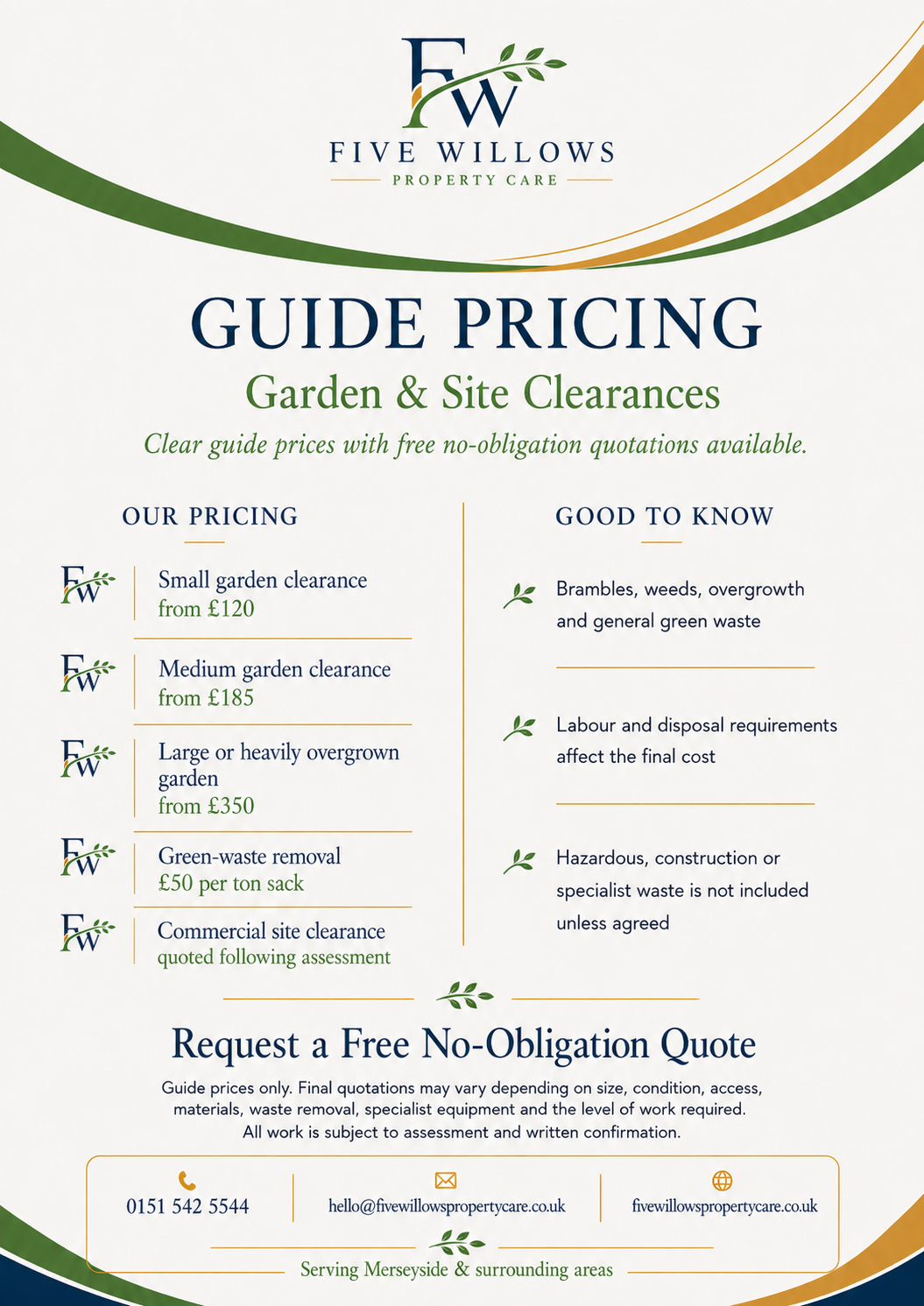 Property care guide pricing for garden and site clearances, including small, medium, large overgrown gardens, green waste removal, and commercial site clearance, with contact information and tips for understanding costs.