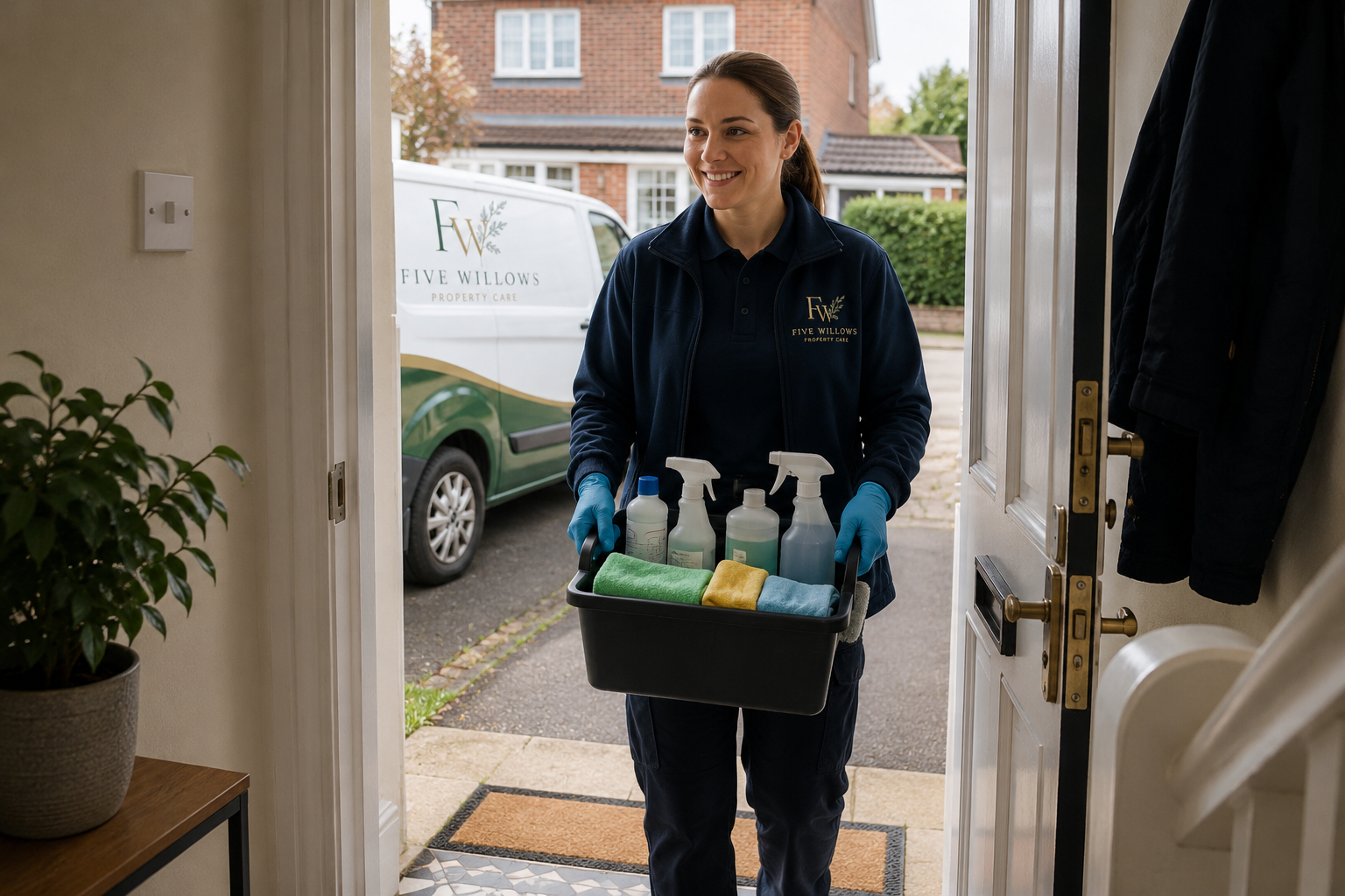 A woman wearing a navy uniform and blue gloves is standing at the front door holding a black tray filled with cleaning supplies, including spray bottles, a bottle of sanitizer, and colorful cleaning cloths, smiling as she delivers cleaning services.