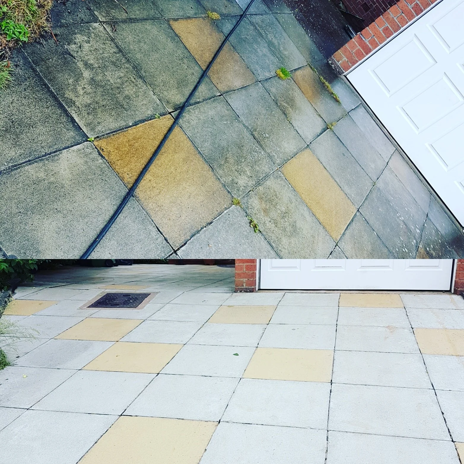 Before and after images showing the cleaning of a paved driveway, with the top image depicting a dirty, stained surface and the bottom image showing a clean, bright surface.