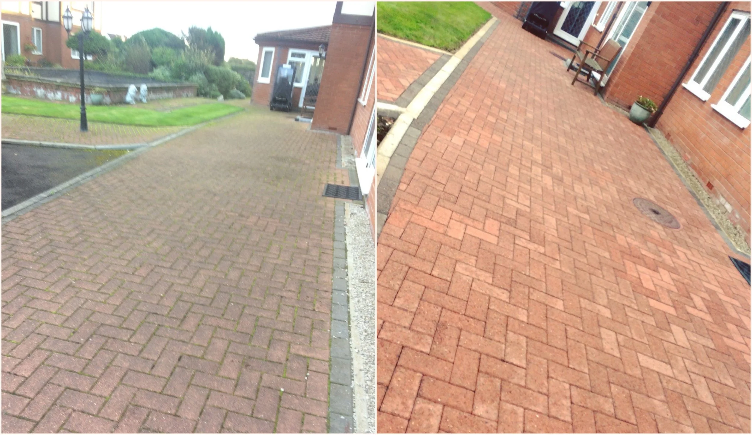Comparison of outdoor brick pavement before and after cleaning. Left side shows the pavement before cleaning, appearing dull and stained, while the right side shows the same pavement after cleaning, appearing brighter and cleaner.