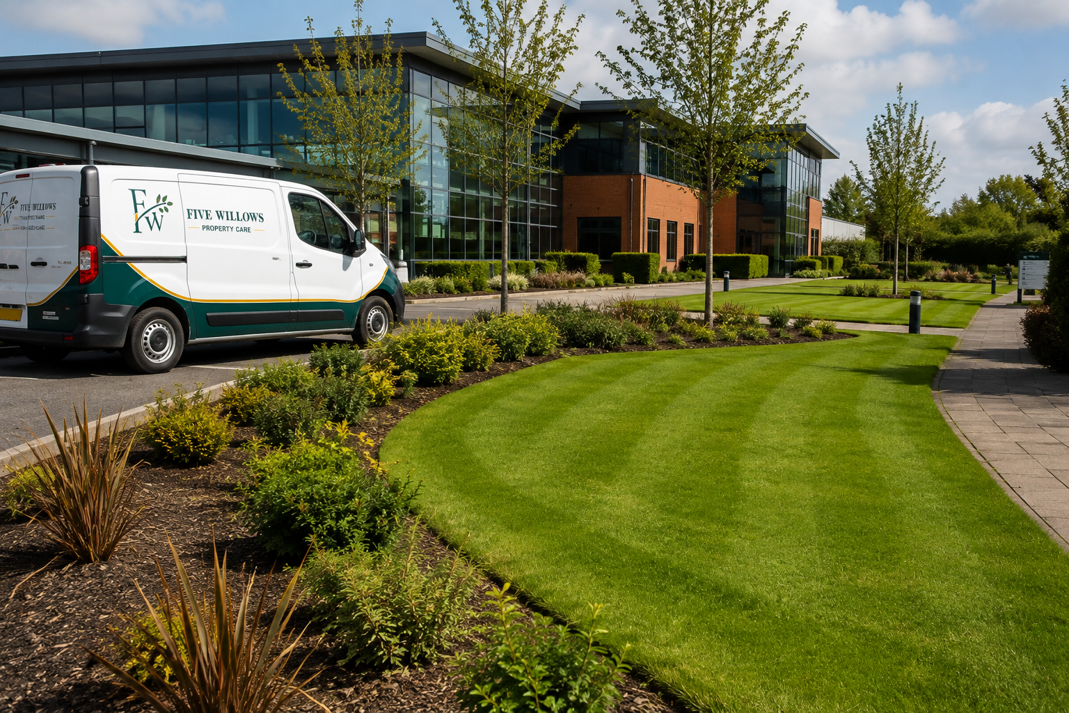 A commercial office building with glass windows, surrounded by manicured lawn, shrubs, and trees. A branded van for Five Willows Property Care is parked in front.
