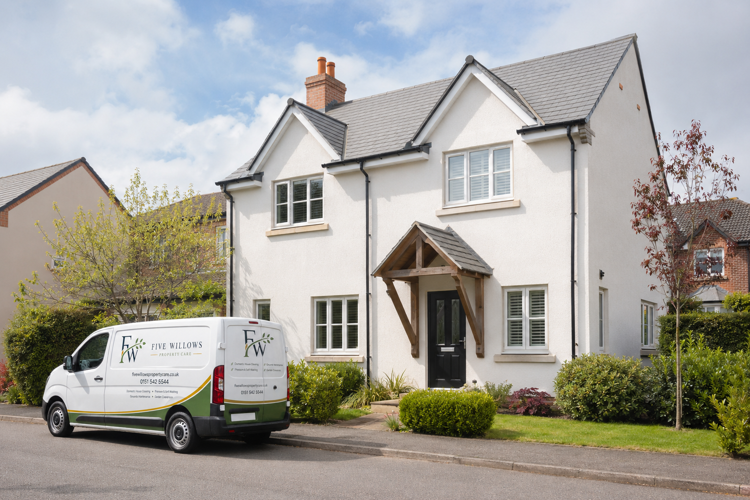 A white two-story house with black front door, small porch, surrounded by bushes and trees, parked white van with company logo in front.