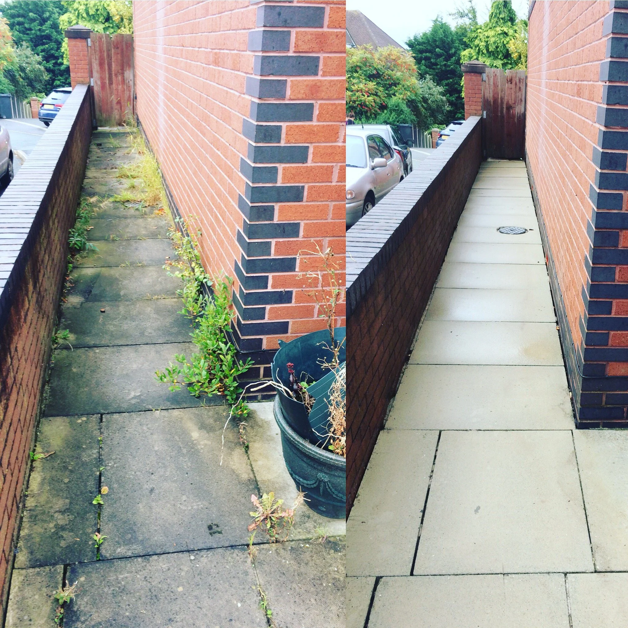 Comparison of a neglected outdoor walkway with weeds growing between paving stones on the left and a clean, well-maintained walkway on the right.