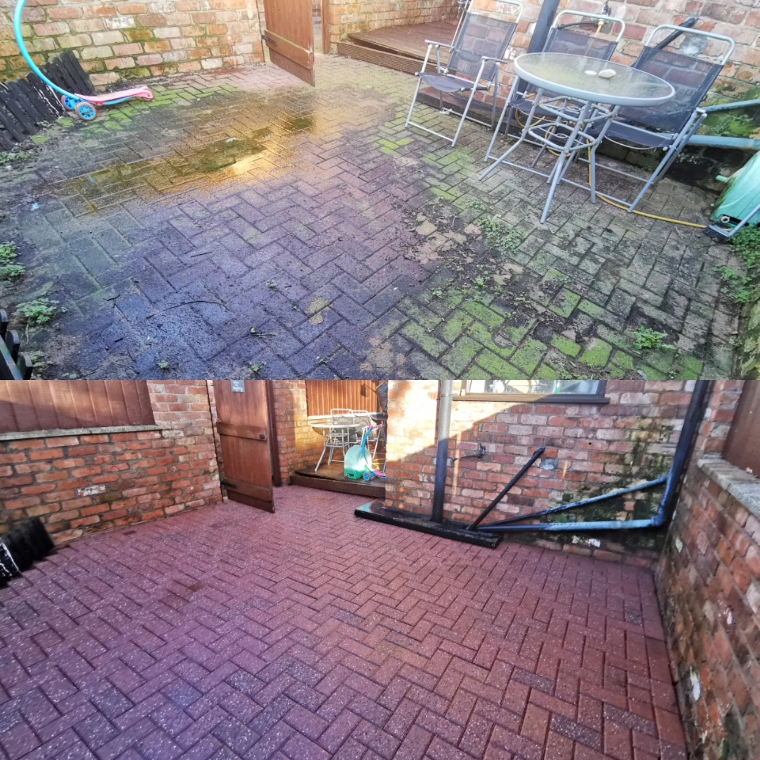 A before and after comparison of a backyard patio, showing a cleaning and renovation process with clean, new, red brick paving stones in the after image.