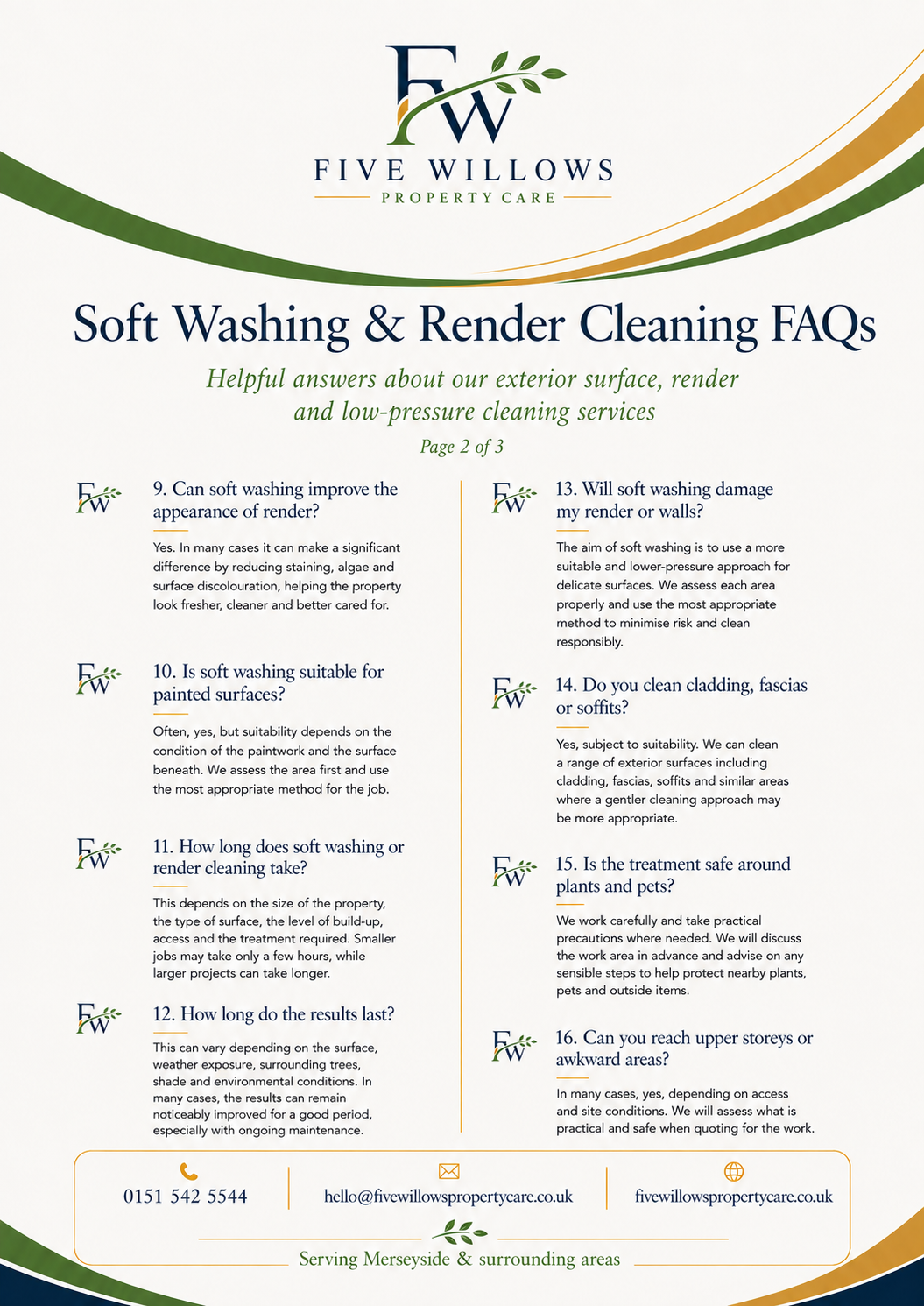 A flyer from Five Willows Property Care detailing FAQs about soft washing and render cleaning services, including questions and answers about the appearance, suitability, duration, safety, and reach of soft washing for exterior surfaces.