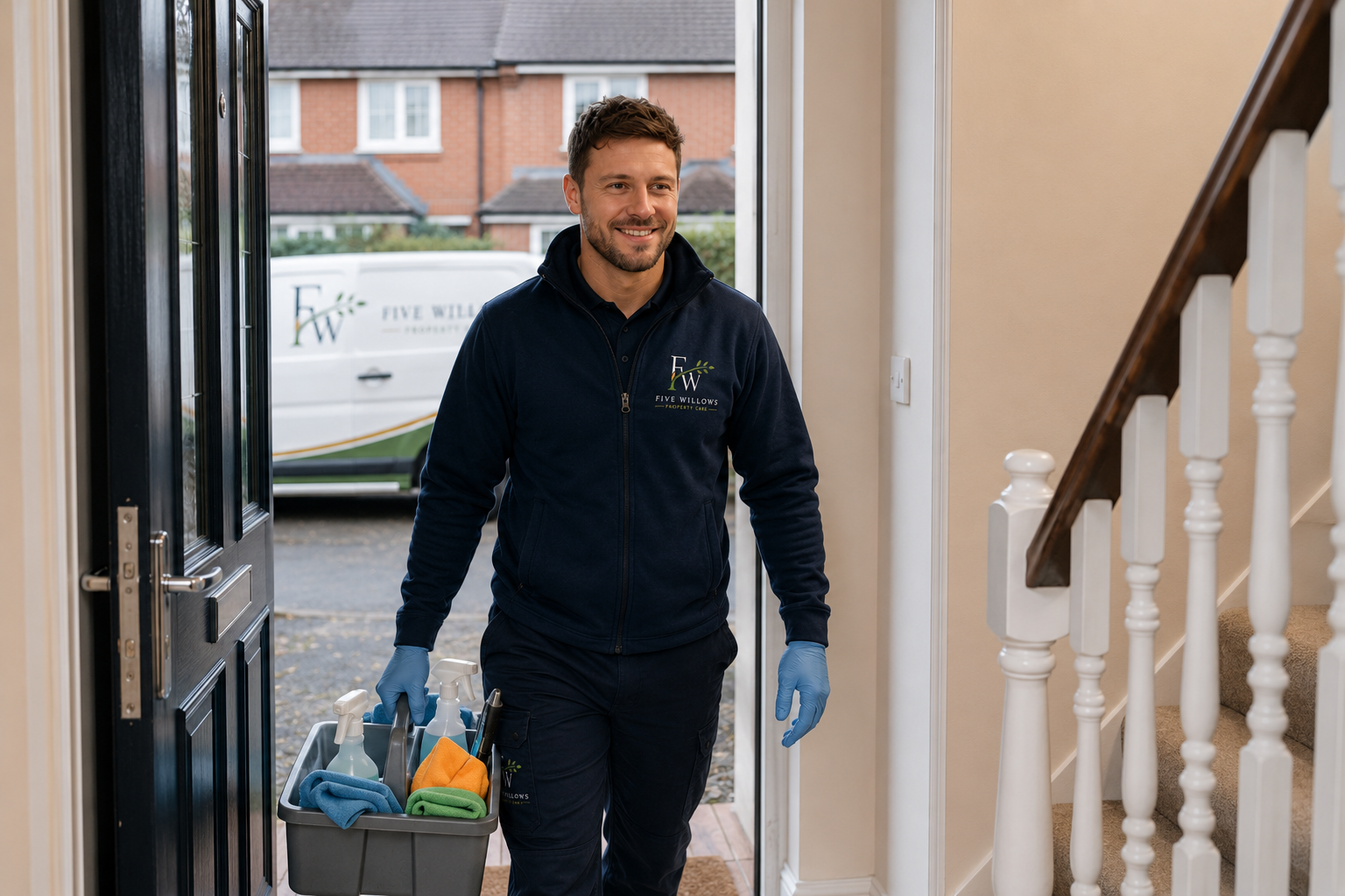A man wearing a navy blue jacket with a company logo, holding cleaning supplies and wearing blue gloves, is entering a house through an open front door.
