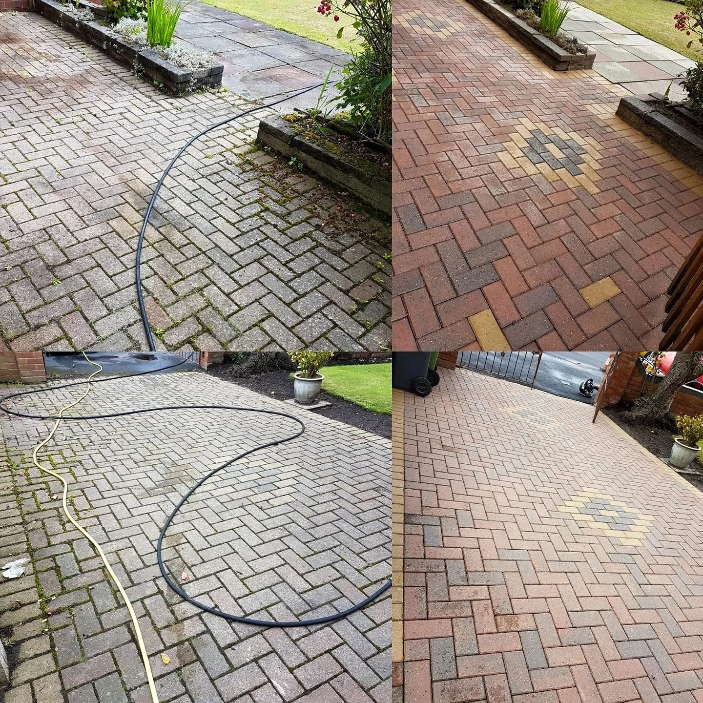 Comparison of a paved outdoor area before and after cleaning. The top images show dirty, mossy paving, while the bottom images display clean, brightened paving after cleaning with hoses.