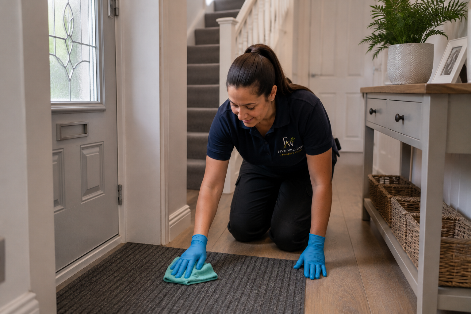 A woman wearing a navy polo shirt and blue gloves kneeling and wiping a doormat inside a house.