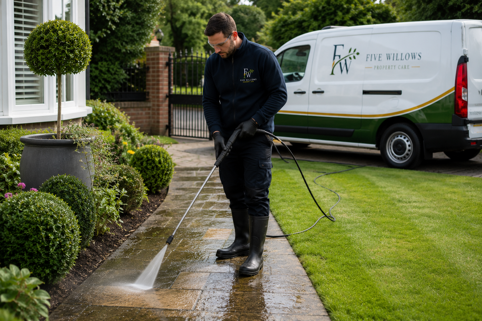 A man wearing black gloves, black waterproof boots, and a black jacket with the company logo, is pressure washing a stone pathway in a garden. A white van with the same company logo is parked in the background.