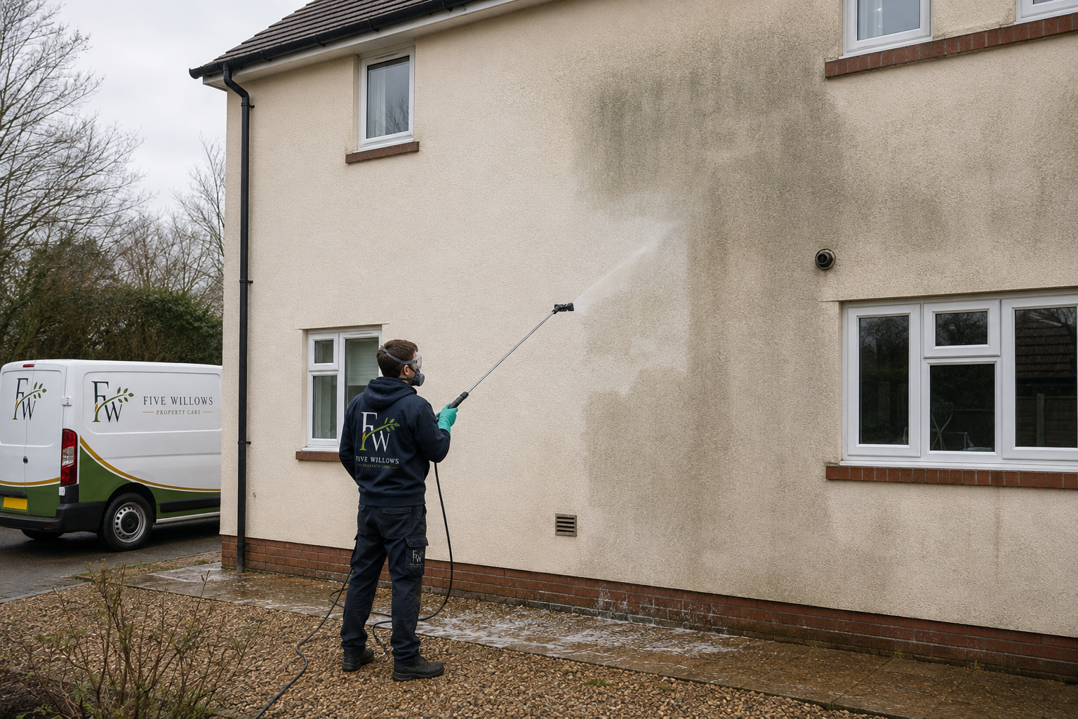 A worker in a navy hoodie and face mask pressures washing the exterior wall of a house. The wall is partially cleaned, with a darker section on the right. A Five Willows Property Care van is parked nearby.