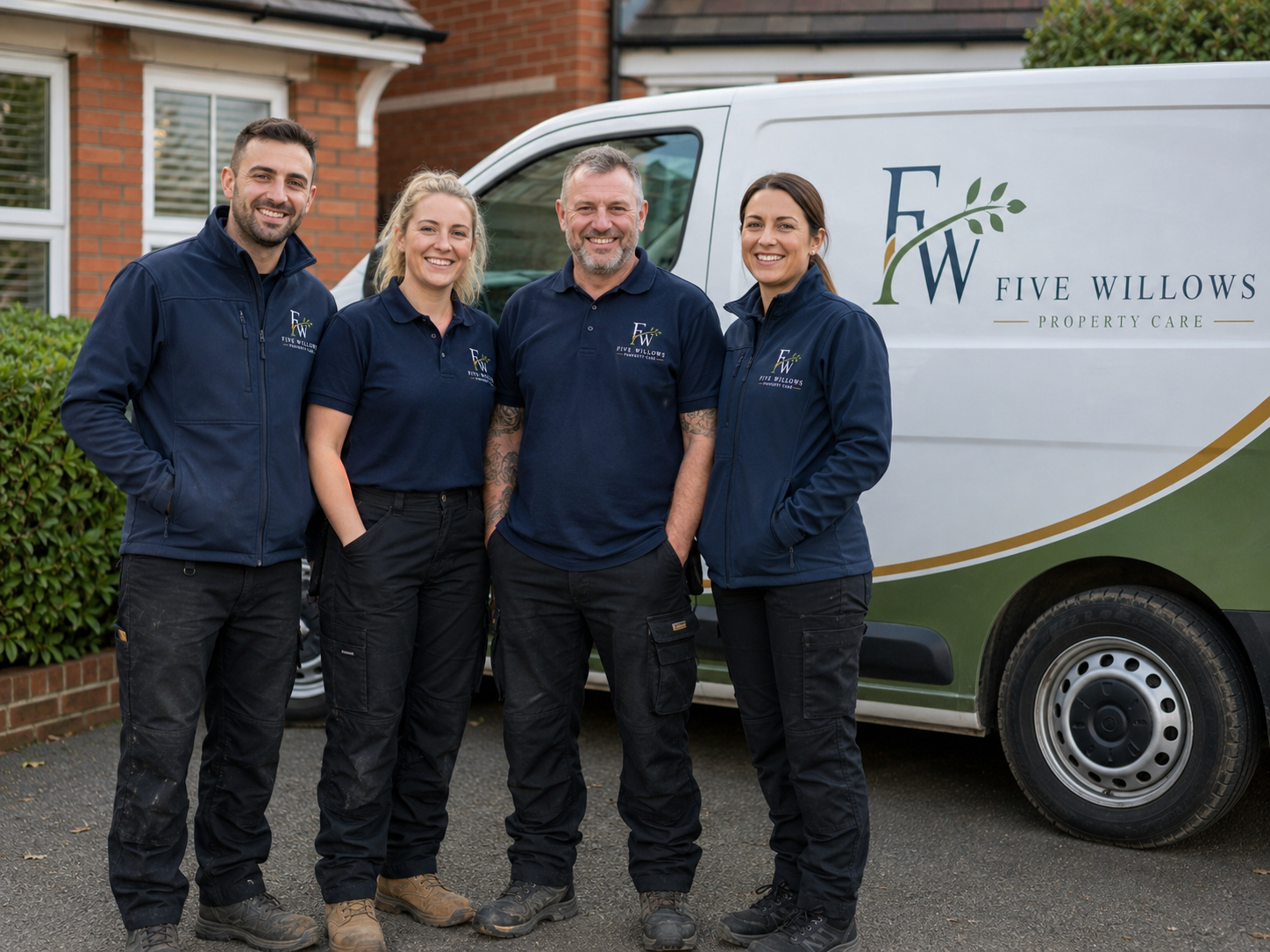 Group of four smiling individuals standing in front of a property care van with the logo 'Five Willows Property Care' at a residential house