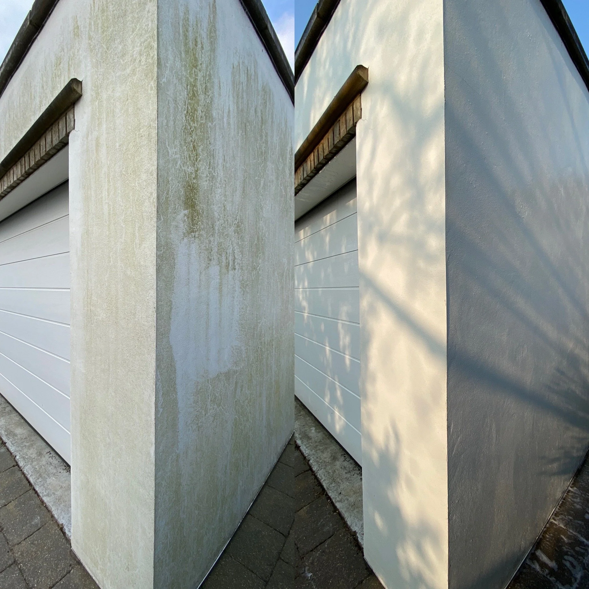 A close-up of a row of concrete blocks with wooden beams protruding from the top, some green moss or algae growth on the blocks, and shadows cast on the ground.