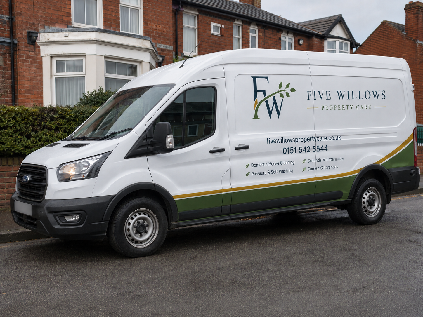 A white delivery van parked on the side of a street, displaying the logo of Five Willows Property Care. The van features text detailing services such as domestic house cleaning, pressure and soft washing, grounds maintenance, and garden clearances, along with contact information and website.