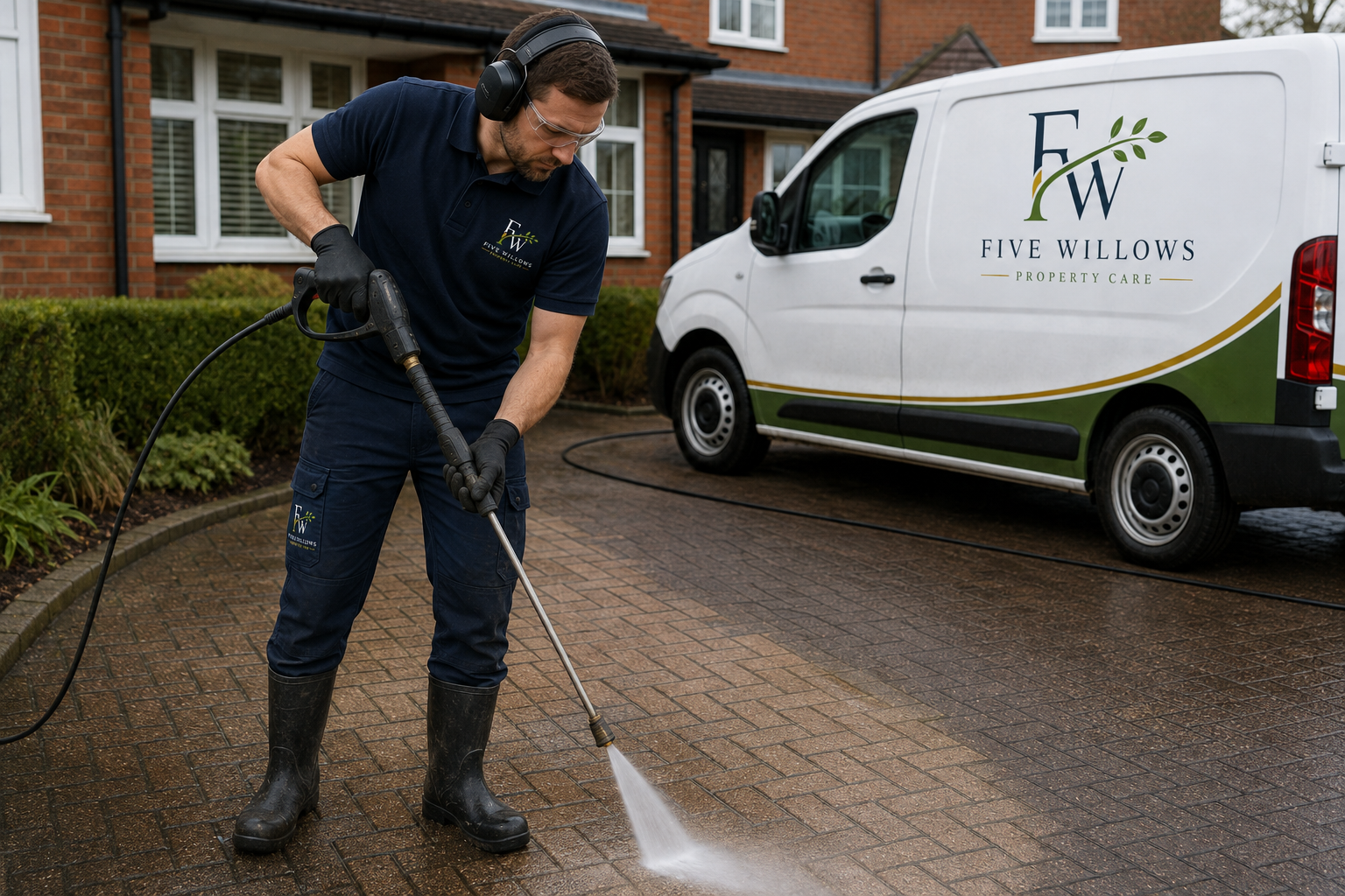 A man cleaning a brick driveway with a pressure washer outside a house, with a white van displaying the company logo 'Five Willows Property Care' parked nearby.