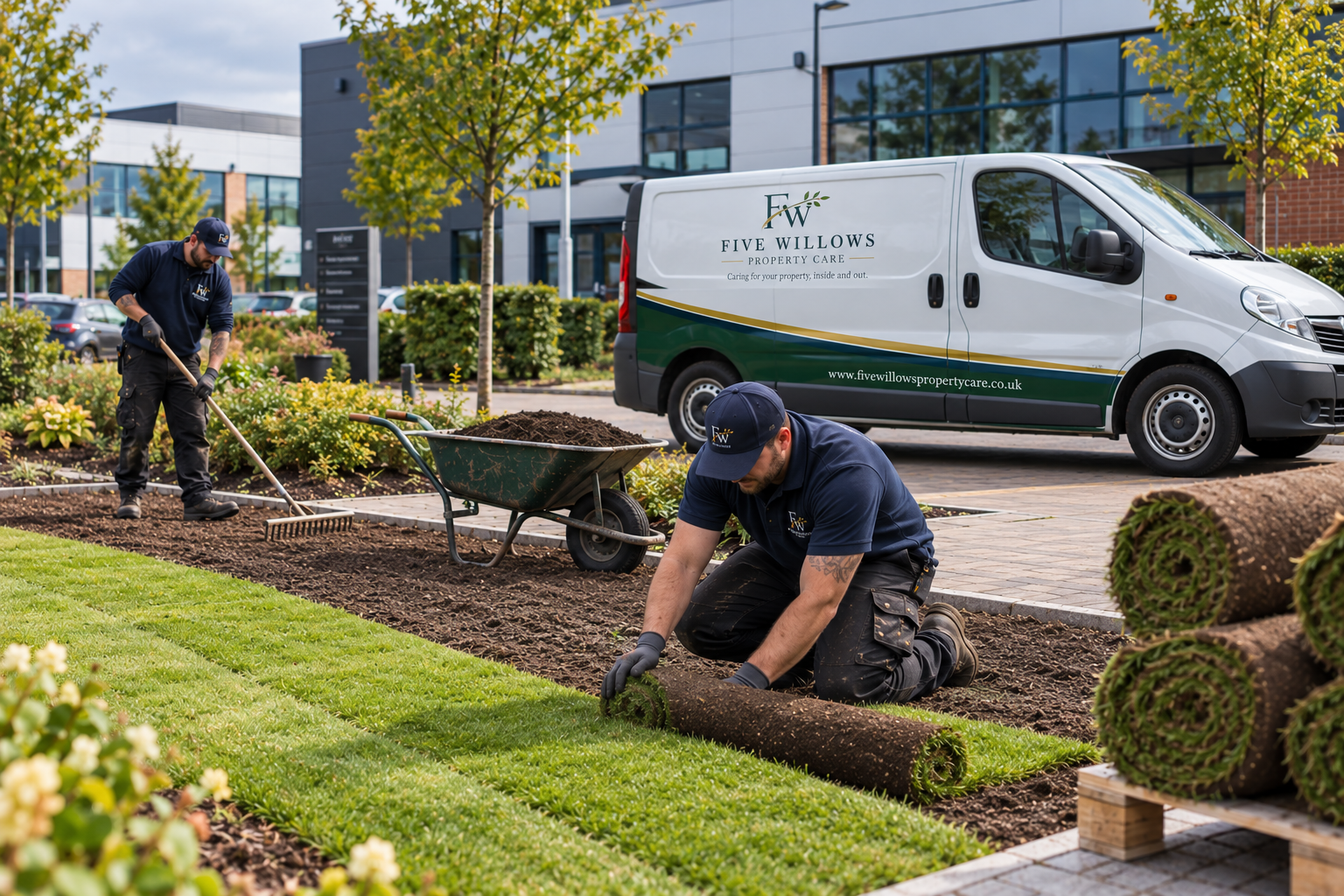Two workers laying sod in a landscaped outdoor area outside a commercial building, with a garden bed, trees, and a company van in the background.