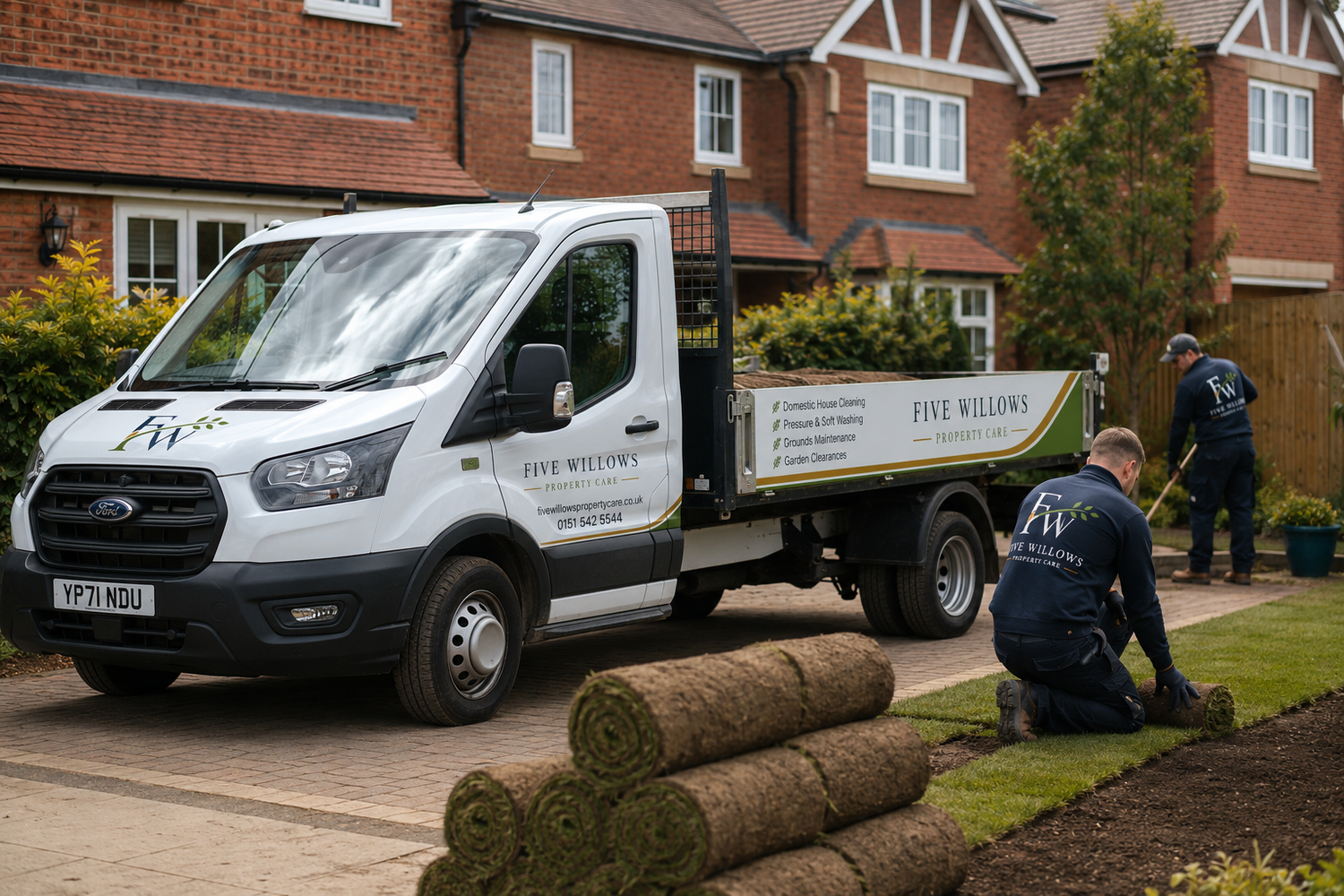 Five Willows team laying new turf at a residential garden
