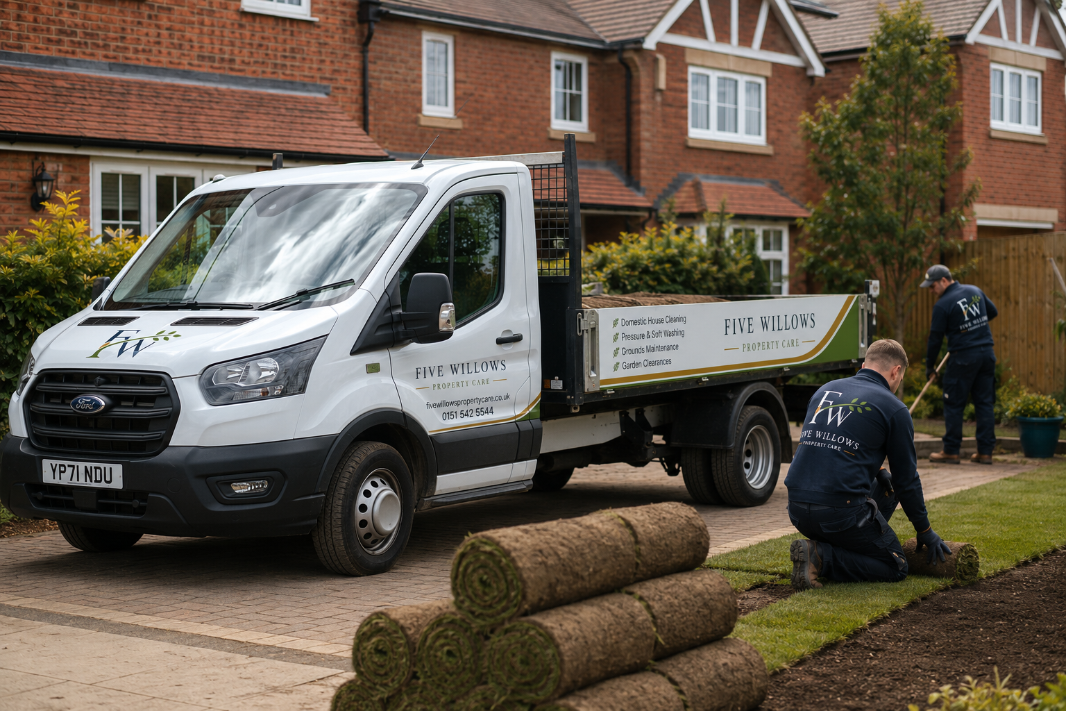 Two workers from Five Willows Property Care planting grass sod in a backyard next to a moving truck with the company’s information on it. The truck is parked on a paved driveway in front of a brick house with a garden.