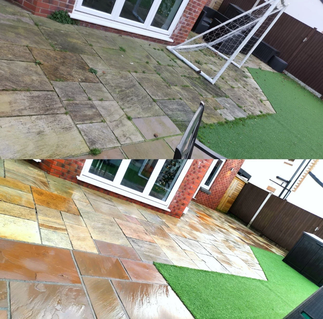 Side-by-side comparison of a backyard patio before and after cleaning and sealing the stone tiles. The top image shows dirty, weathered tiles, while the bottom image shows the same tiles cleaned and shiny.