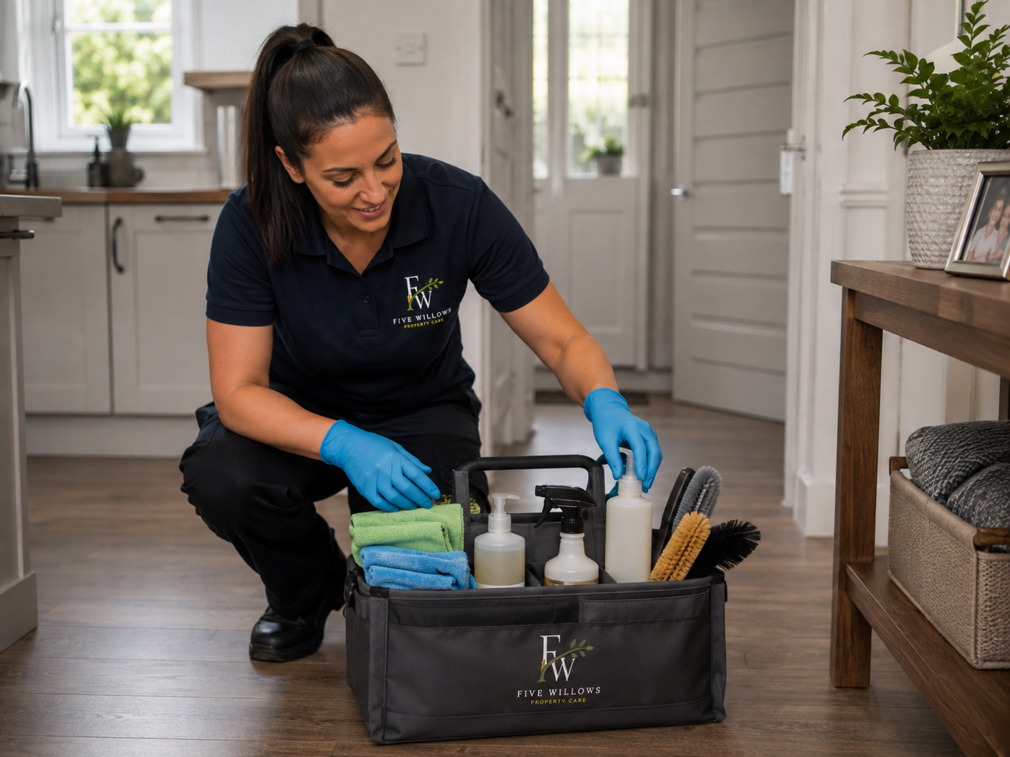 A woman in a navy polo shirt and blue gloves organizing cleaning supplies in a black tote bag in a bright, modern kitchen.