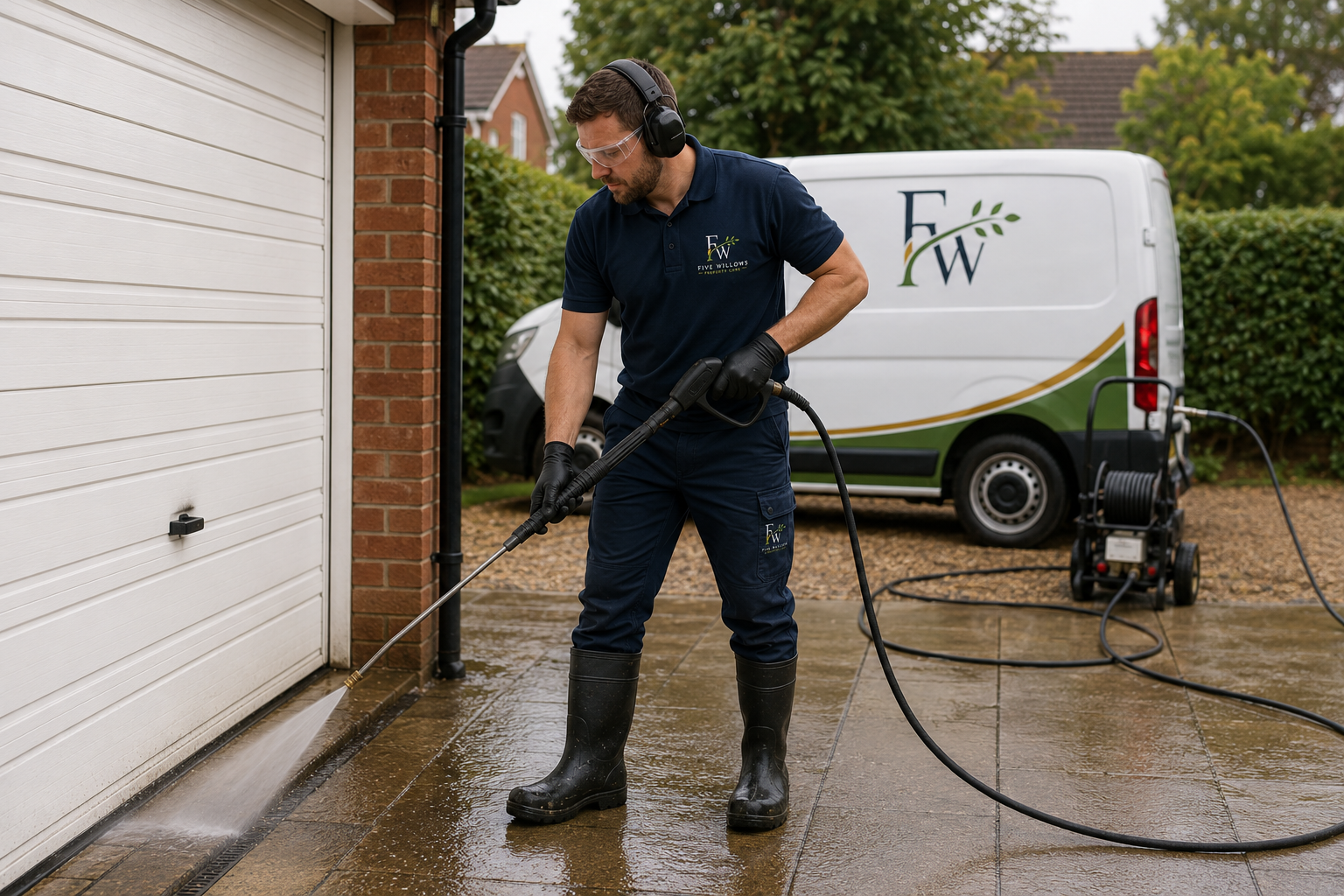 Man wearing protective gear pressure washing a driveway outside a house with a clean white garage door.