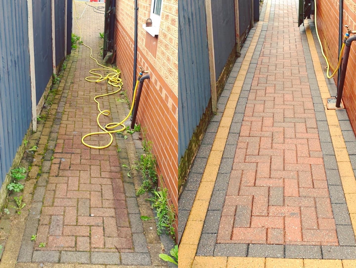 Side-by-side comparison of a brick walkway; the left shows the walkway with weeds and a tangled yellow garden hose, while the right shows the cleaned and weed-free walkway with new mortar lines.
