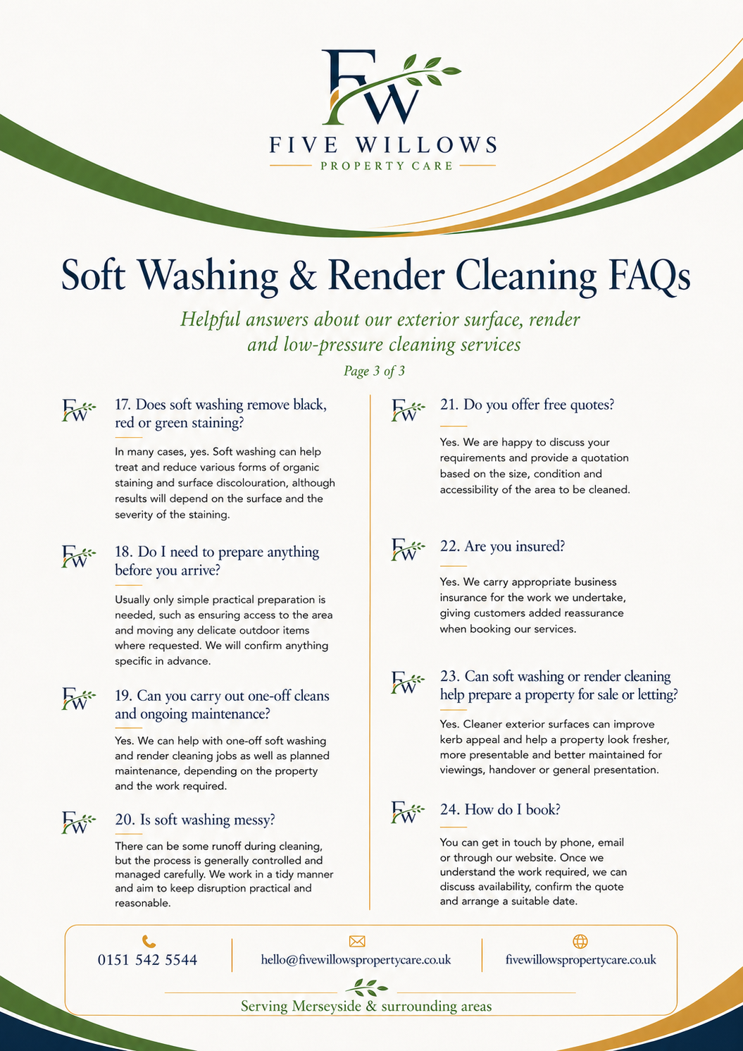 Informational flyer for Five Willows Property Care, listing FAQs about soft washing and render cleaning services, including questions about stain removal, preparation, ongoing maintenance, insurance, property sale, booking, and company contact details.
