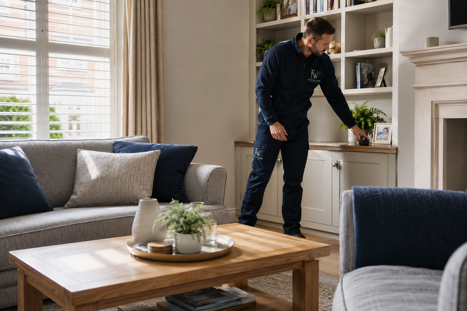 A man in dark blue pants and a matching jacket placing an object on a shelf in a living room with a beige couch, blue and beige cushions, a wooden coffee table with decorative items, and large windows with blinds.