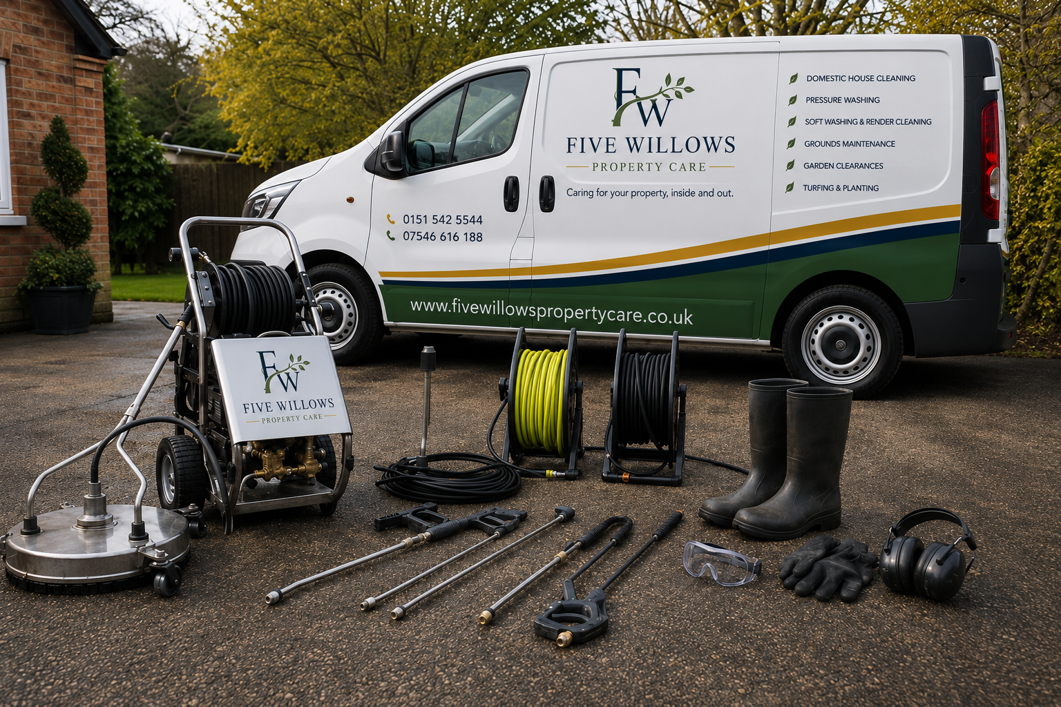 A van with the logo and contact information of Five Willows Property Care parked on a driveway. In front of the van are various cleaning and gardening tools, including hoses, gloves, boots, and safety goggles.