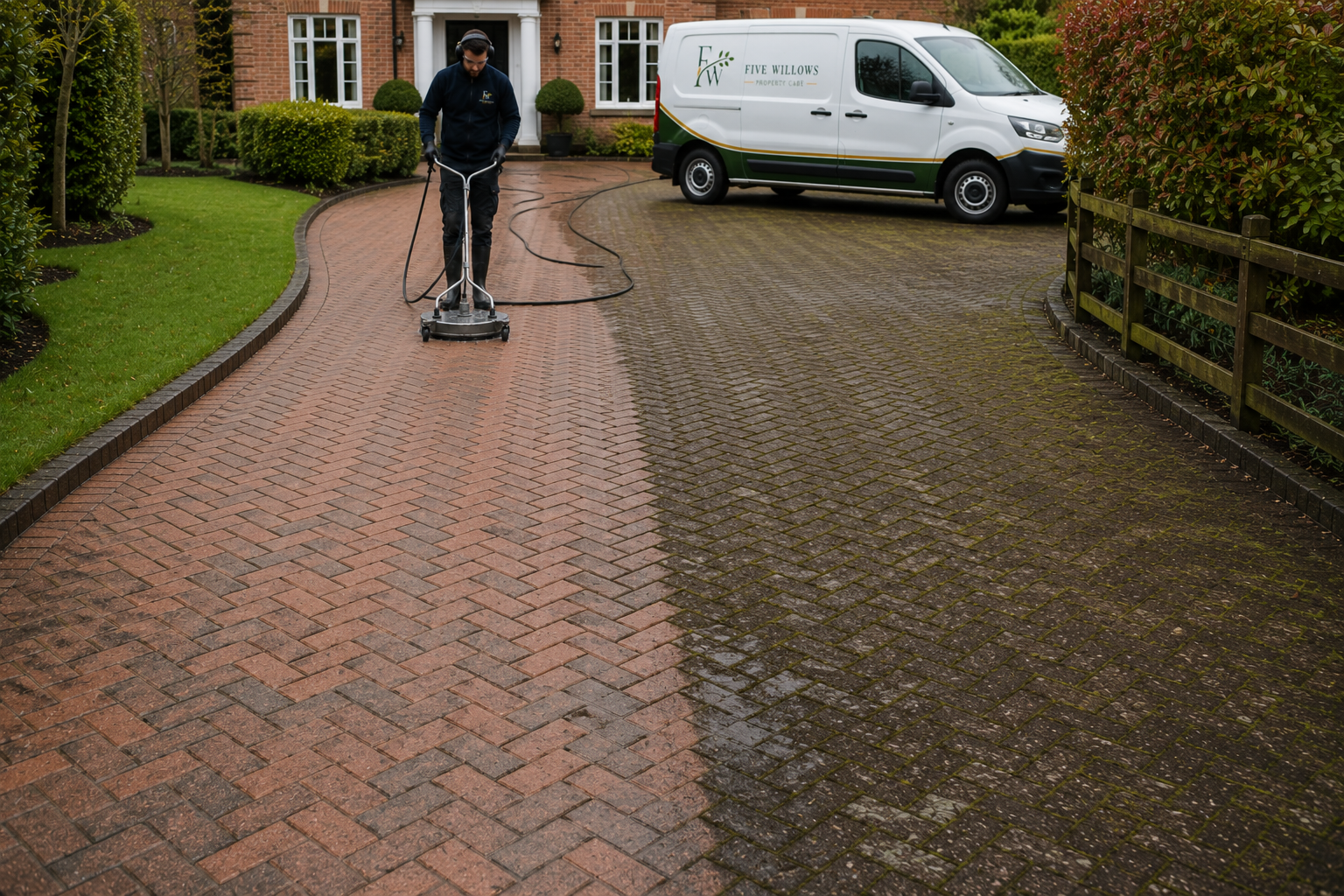 An outdoor scene showing a man cleaning a brick driveway with a power washer. A white van with green and gold branding is parked nearby, and a residential house with a garden and bushes is in the background.