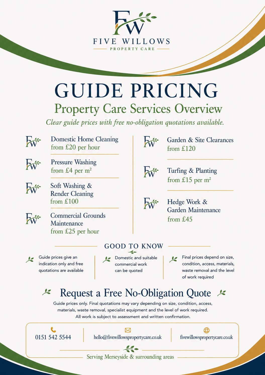 Pricing guide for Five Willows Property Care services, listing cleaning, gardening, turfing, hedge work, and maintenance prices, with contact information at the bottom.