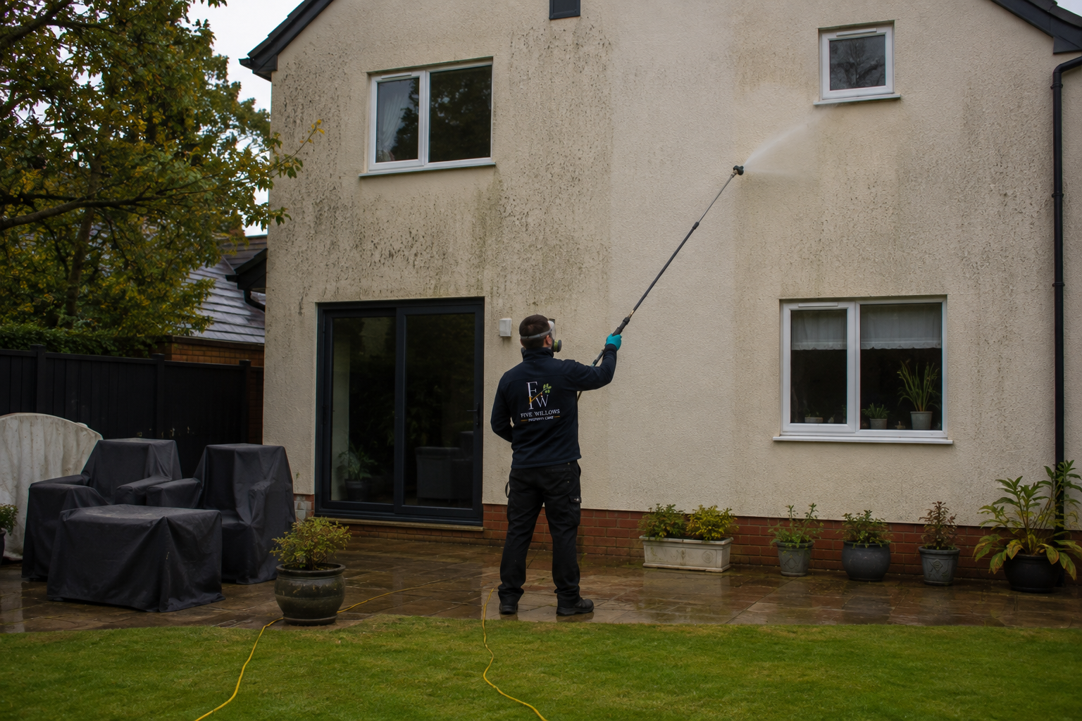 A person wearing a mask and black jacket using a long pole to spray water on the exterior wall of a house.