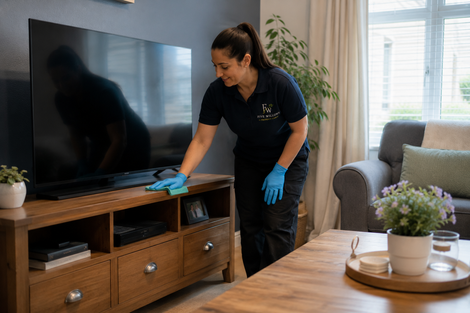 Woman cleaning a wooden TV stand with a green cloth in a living room, wearing blue gloves and a navy polo shirt.