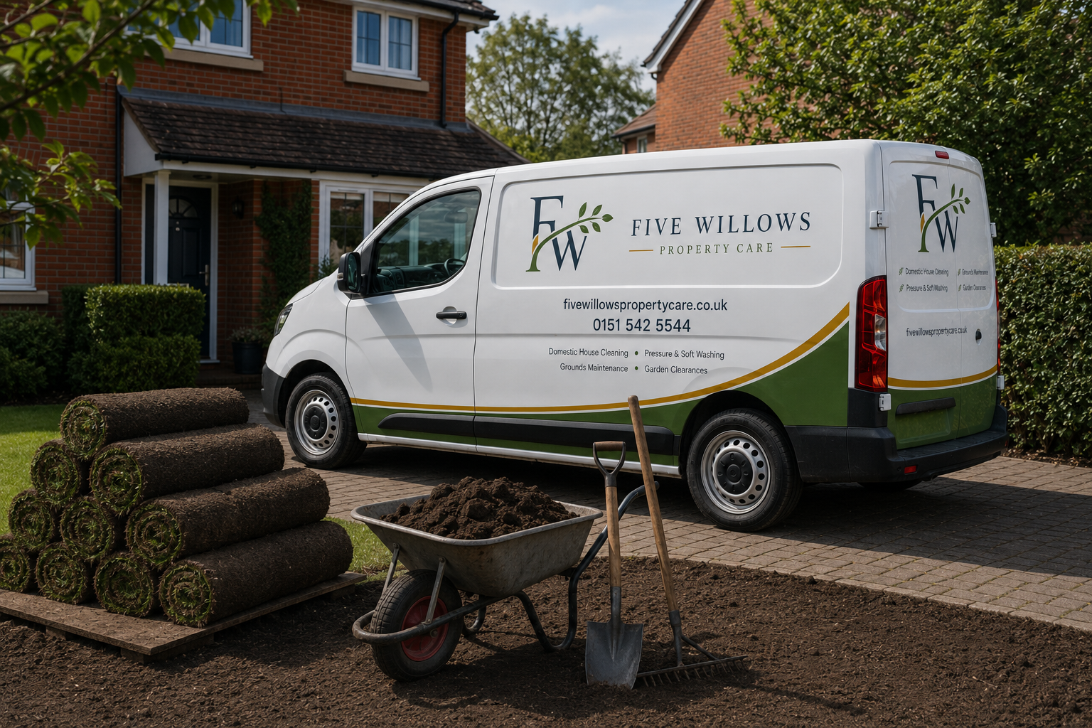 A white van with green and gold accents parked in a driveway in front of a brick house, with a lawn and shrubs nearby. Supplies for gardening or landscaping, including a wheelbarrow filled with dirt, a shovel, and a rake, are in the foreground.