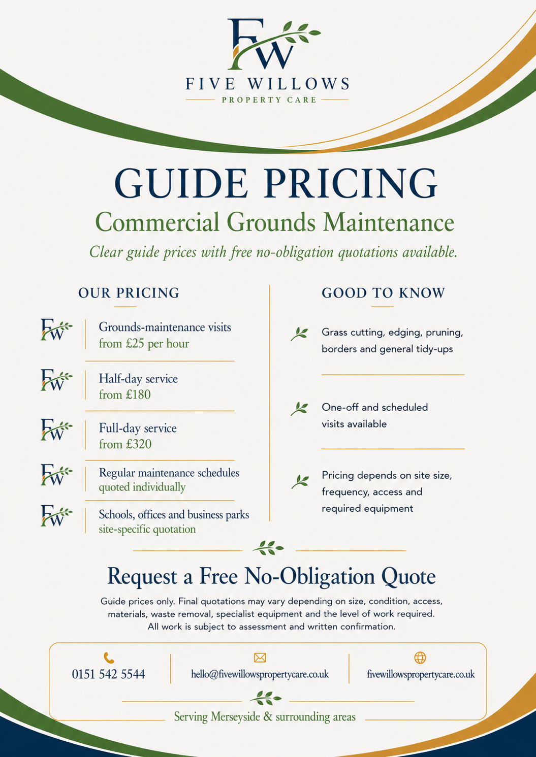 Guide pricing poster for Five Willows Property Care offering commercial grounds maintenance services, including pricing starting at £25 per hour for grounds-maintenance visits, and various service options. It highlights the services and contact information for free quotes.