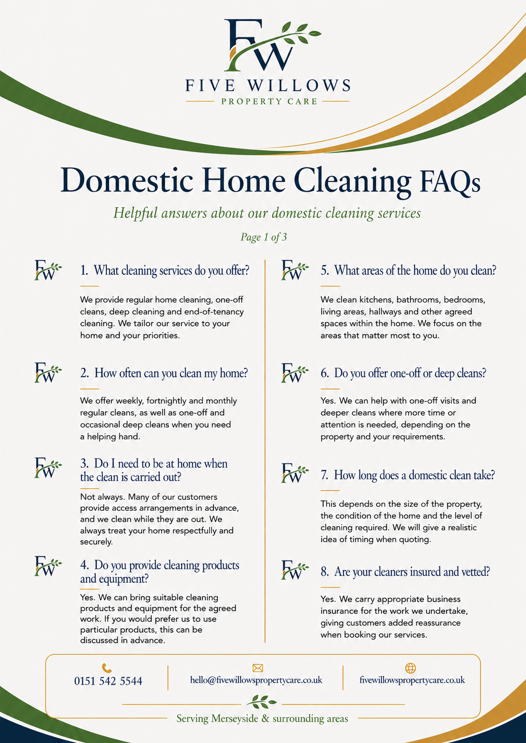 A flyer for Five Willows Property Care detailing FAQs about domestic home cleaning services, including services offered, cleaning frequency, areas cleaned, types of cleans, duration, insurance, and contact information. The flyer has a green, gold, and navy blue color scheme, with the company logo at the top and contact details at the bottom.