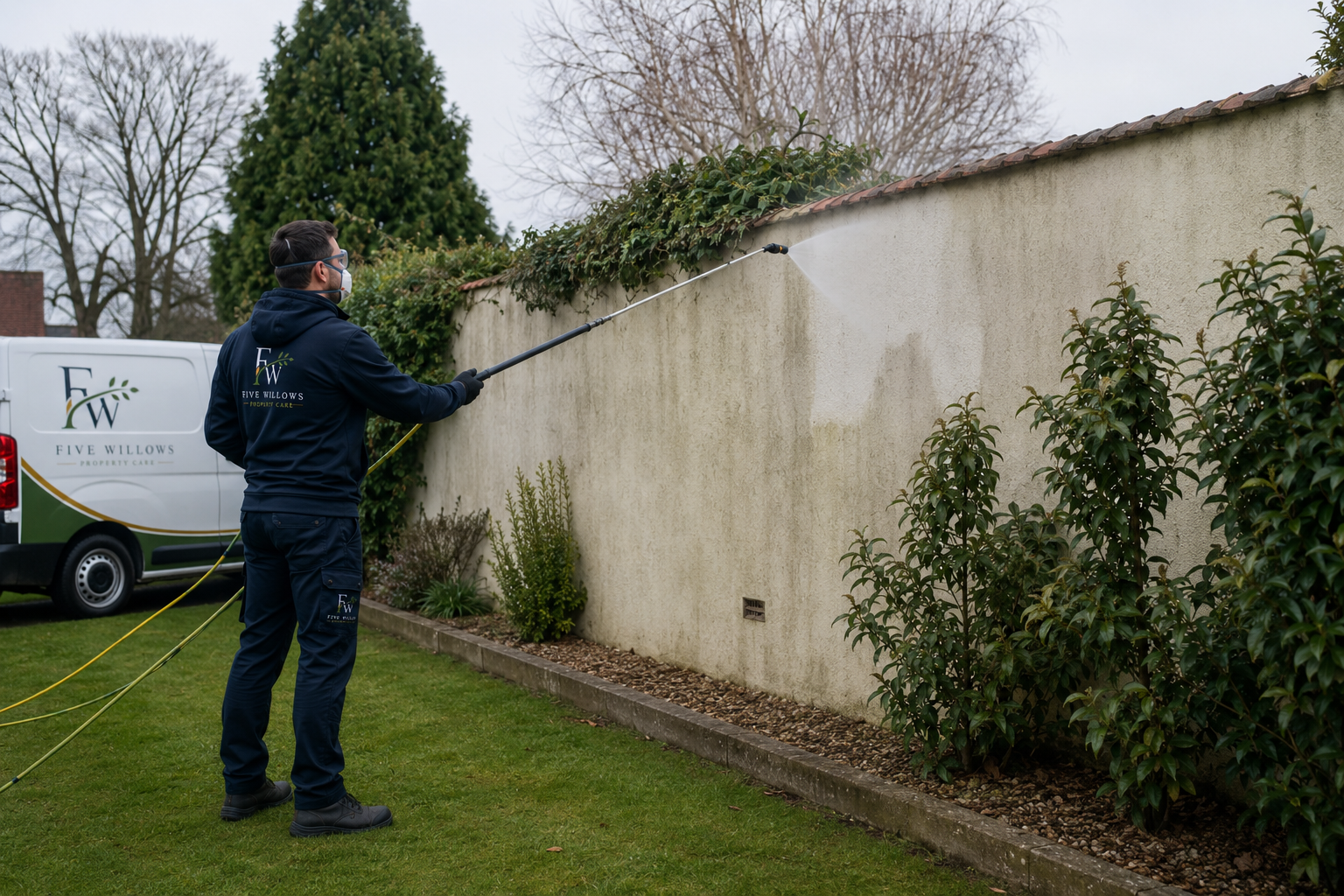 A worker from Five Willows is pressure washing a beige wall in a garden, wearing a dark uniform and face mask.