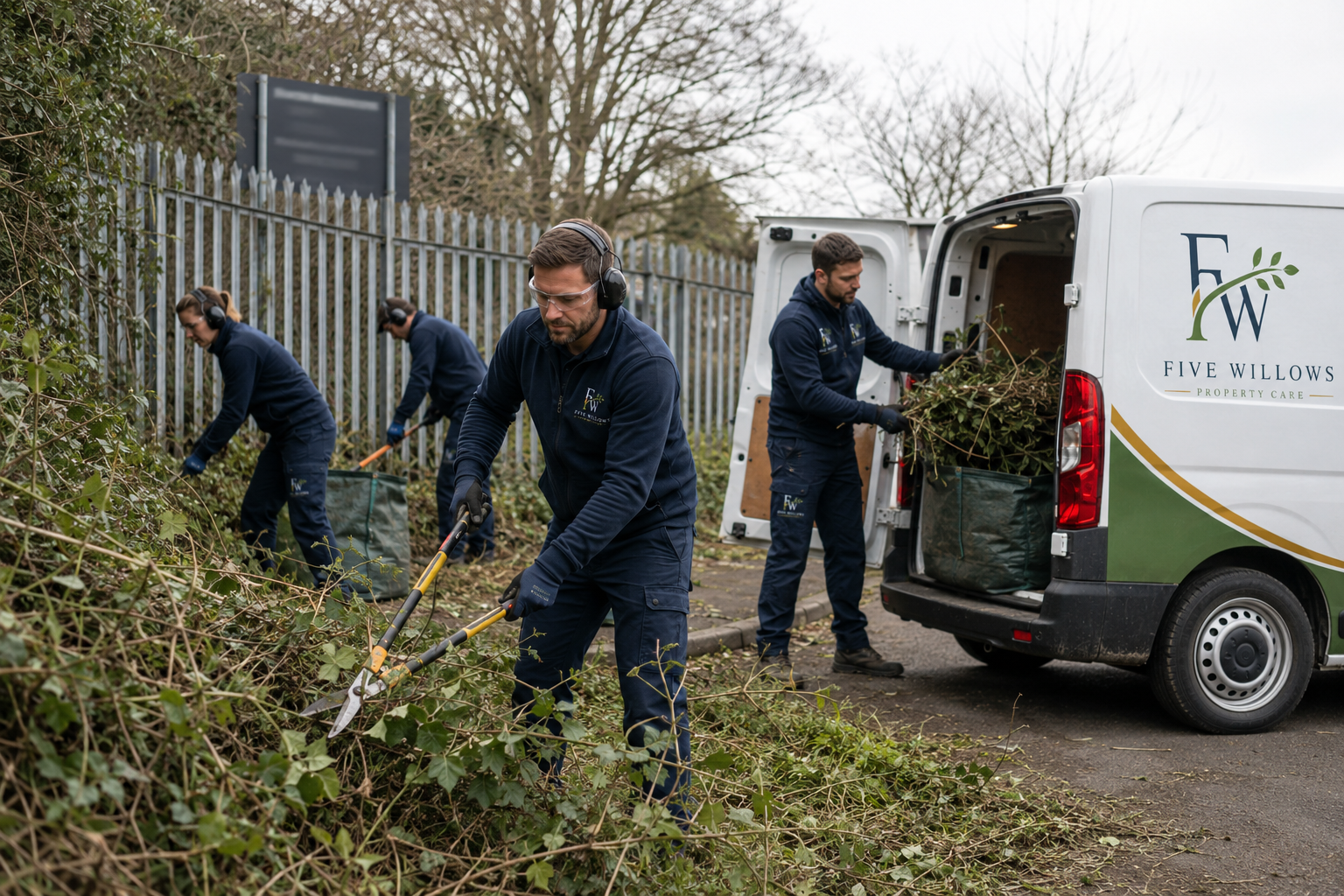 Four workers from Five Willows Property Care wearing navy blue uniforms and safety gear are trimming bushes and collecting branches into green bags near a metal fence and a white company van.