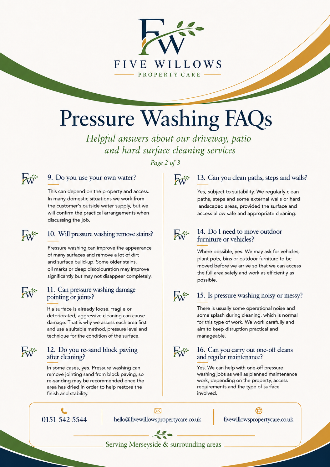 Pressure Washing FAQs brochure from Five Willows Property Care, featuring questions and answers about driveway, patio, and hard surface cleaning services.