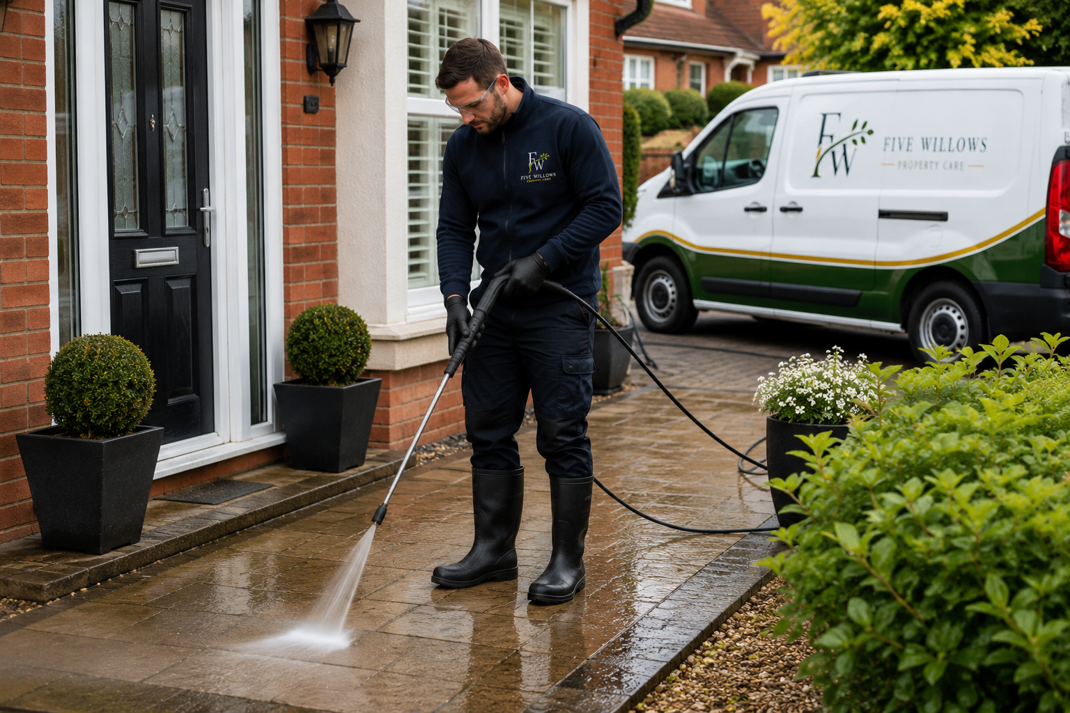 A man wearing black gloves and tall black rubber boots pressure washing a brick front porch of a house. There are potted plants near the door and a company van parked in the background.