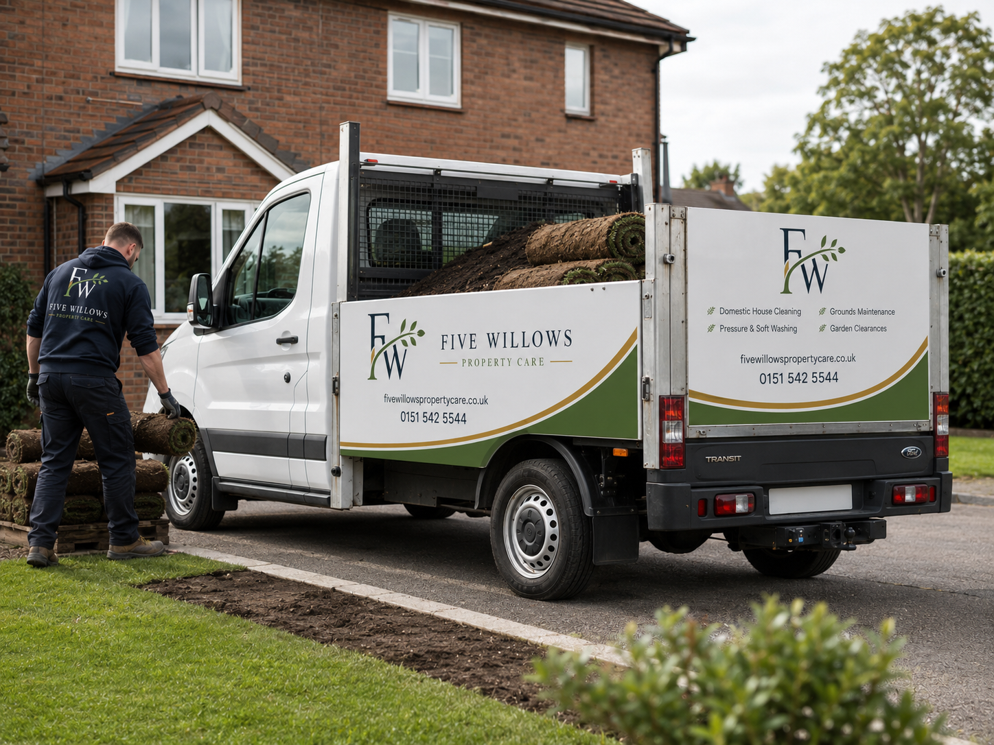 A worker loading logs into a white truck with 'Five Willows Property Care' branding, parked on a driveway in front of a brick house with lawn and trees.