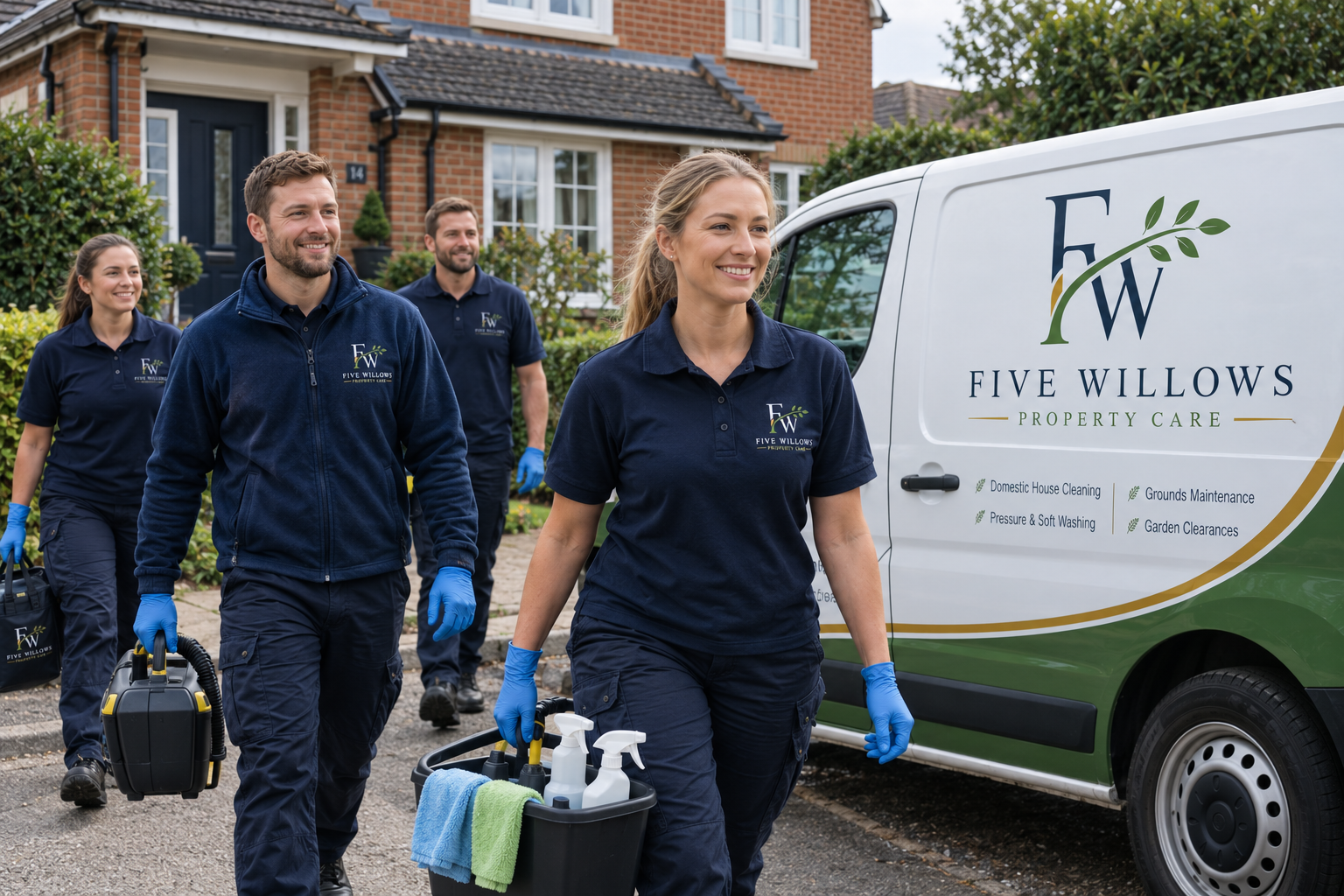 A team of four cleaning professionals, wearing navy blue shirts with a company logo, walking away from a branded van in front of a house. They are carrying cleaning supplies and wearing blue gloves.