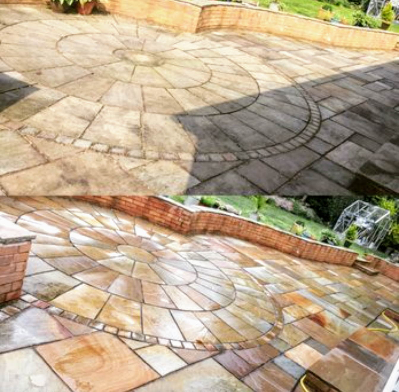 Colorful stone patio with intricate circular and curved patterns, bordered by brick walls and garden plants.