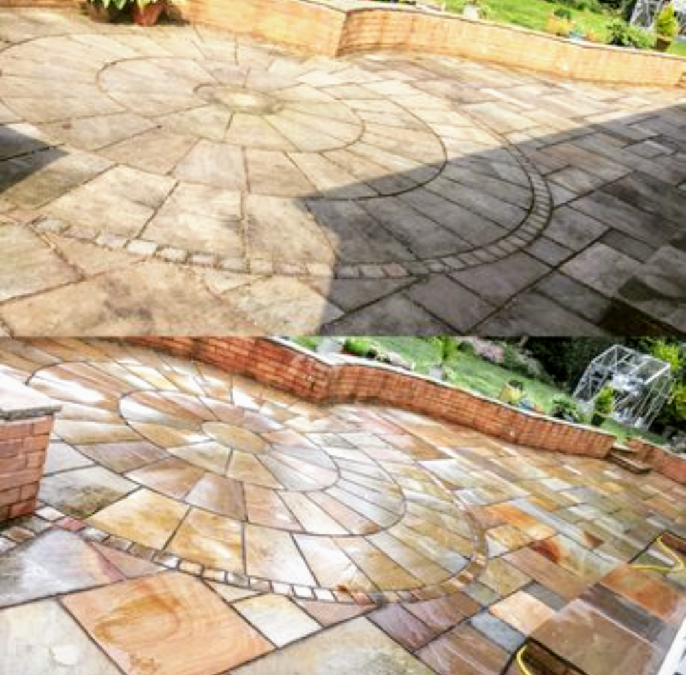 Before and after view of a patterned patio cleaned by Five Willows Property Care