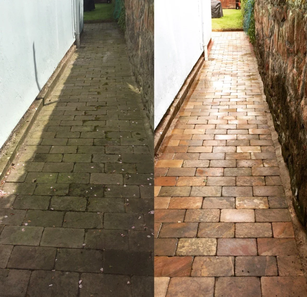 Comparison of a dirty, moss-covered brick walkway on the left with a clean, well-maintained brick walkway on the right.