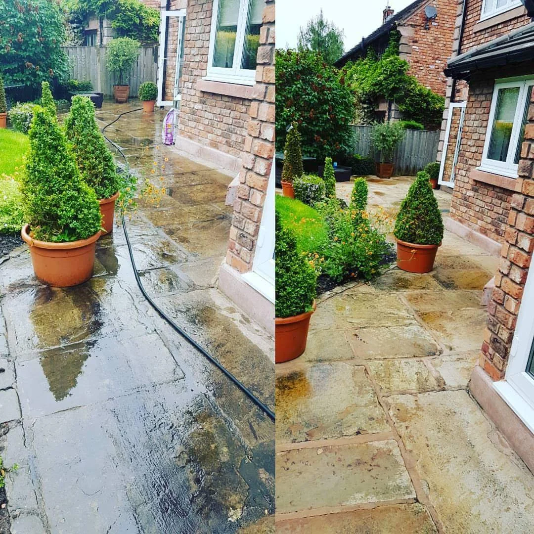Side-by-side comparison of a wet outdoor patio with potted plants and a clean, dry patio after cleaning, adjacent to brick house walls with windows and a garden.