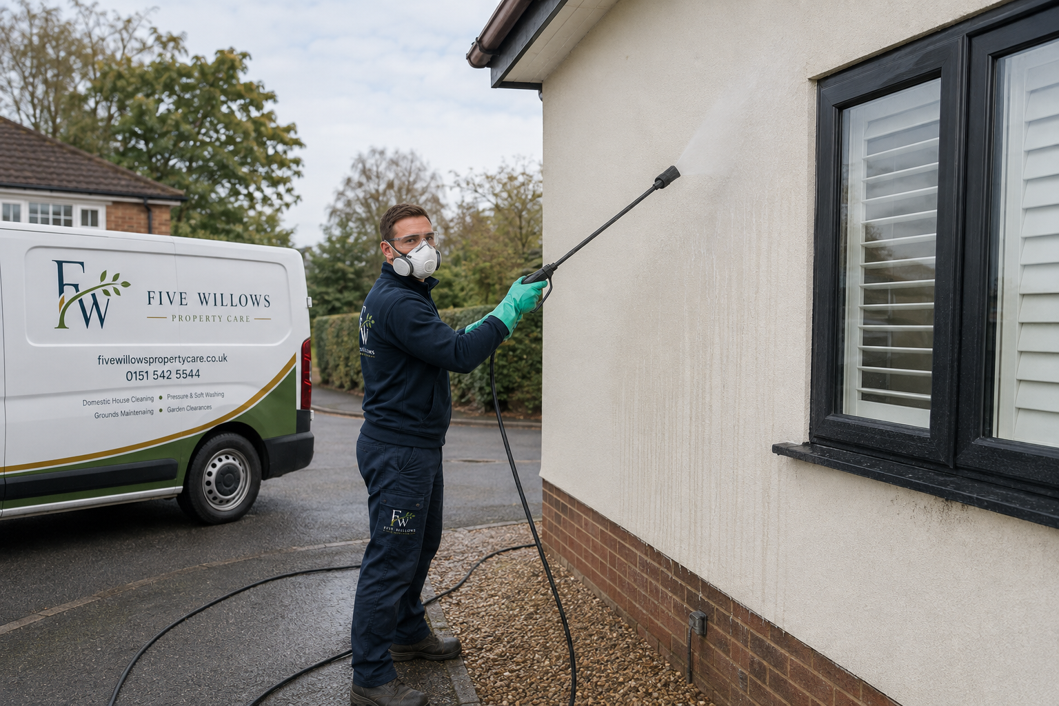 A worker wearing protective gloves, a face mask, and safety goggles powers washing a house exterior wall with a high-pressure spray. The worker's clothing and a van parked nearby display the Five Willows Property Care logo and contact information.