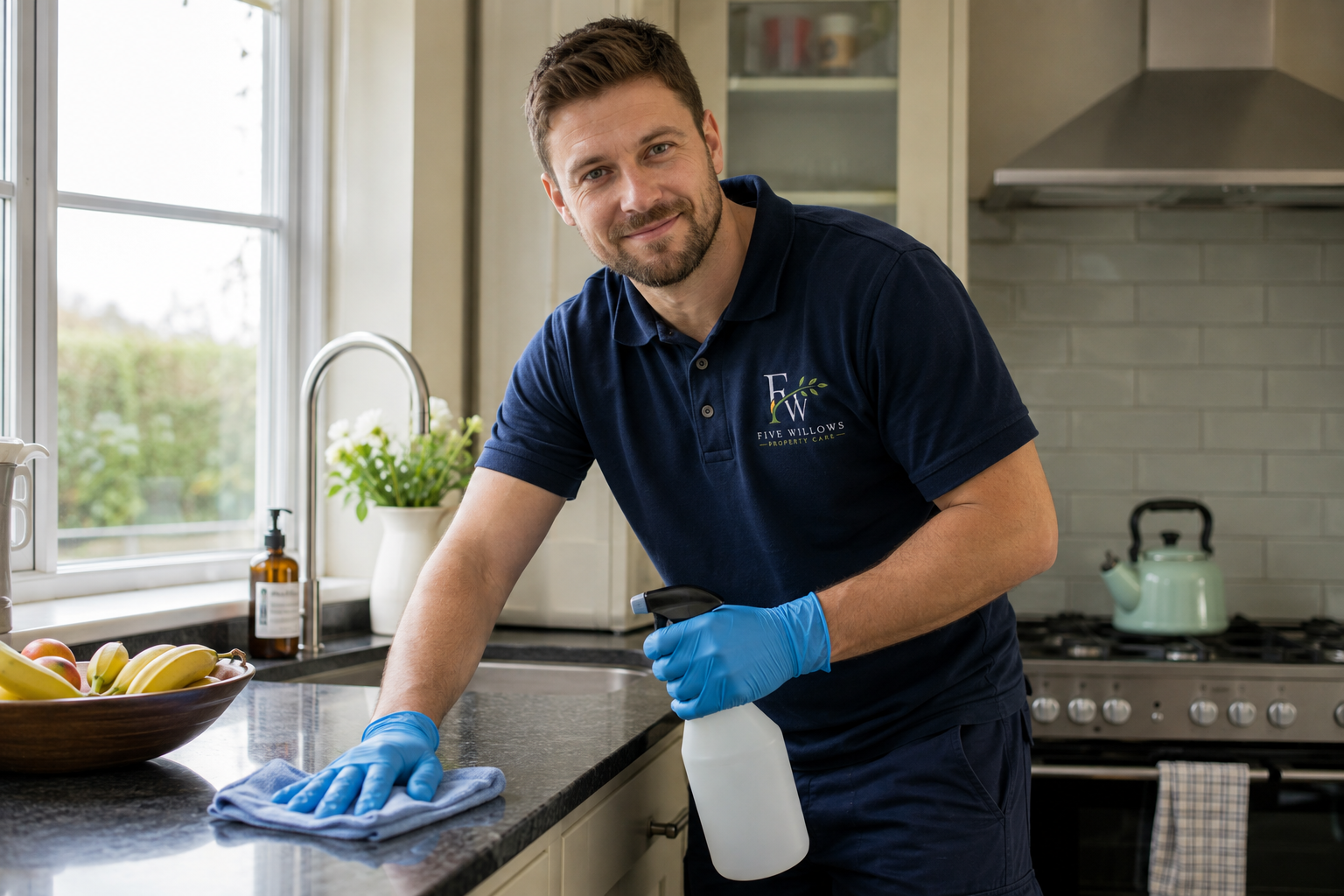 A man in a navy polo shirt and blue gloves is cleaning a kitchen counter with a spray bottle and cloth. There is a bowl of fruit on the counter, a window with a view outside, and a stove in the background.